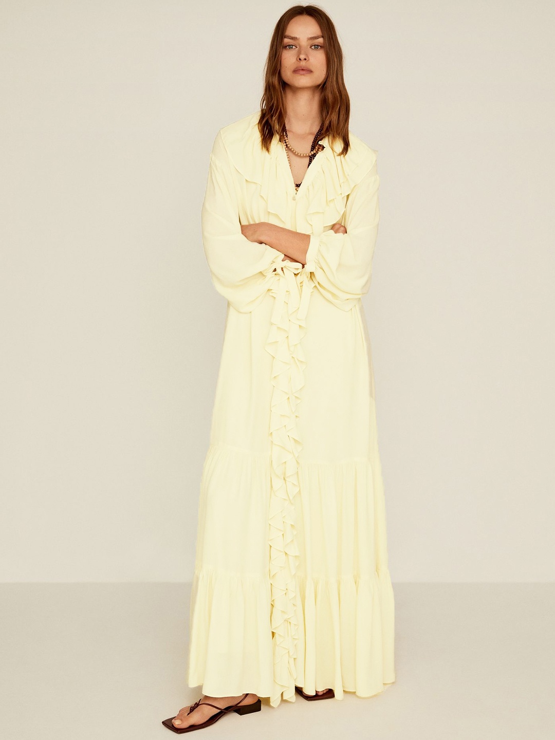 

MANGO Women Yellow Solid Ruffled Maxi Dress