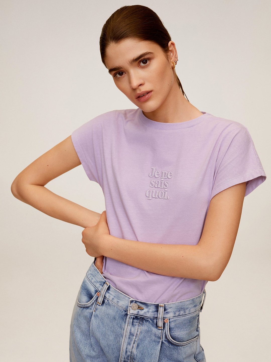 

MANGO Women Purple Embroidered Detail Round Neck Pure Cotton T-shirt