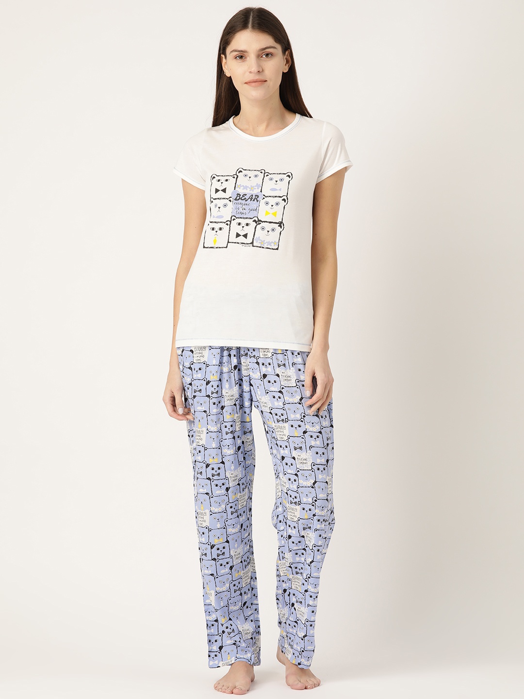 MADAME M SECRET Women White & Blue Printed Night suit