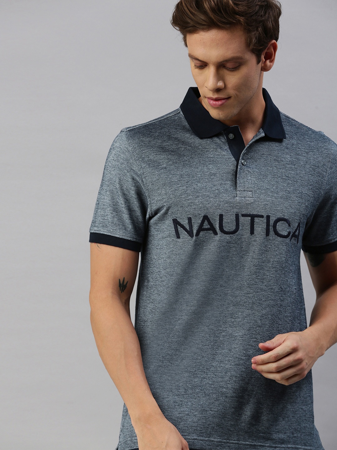 

Nautica Men Navy Blue Embroidered Polo Collar Pure Cotton T-shirt