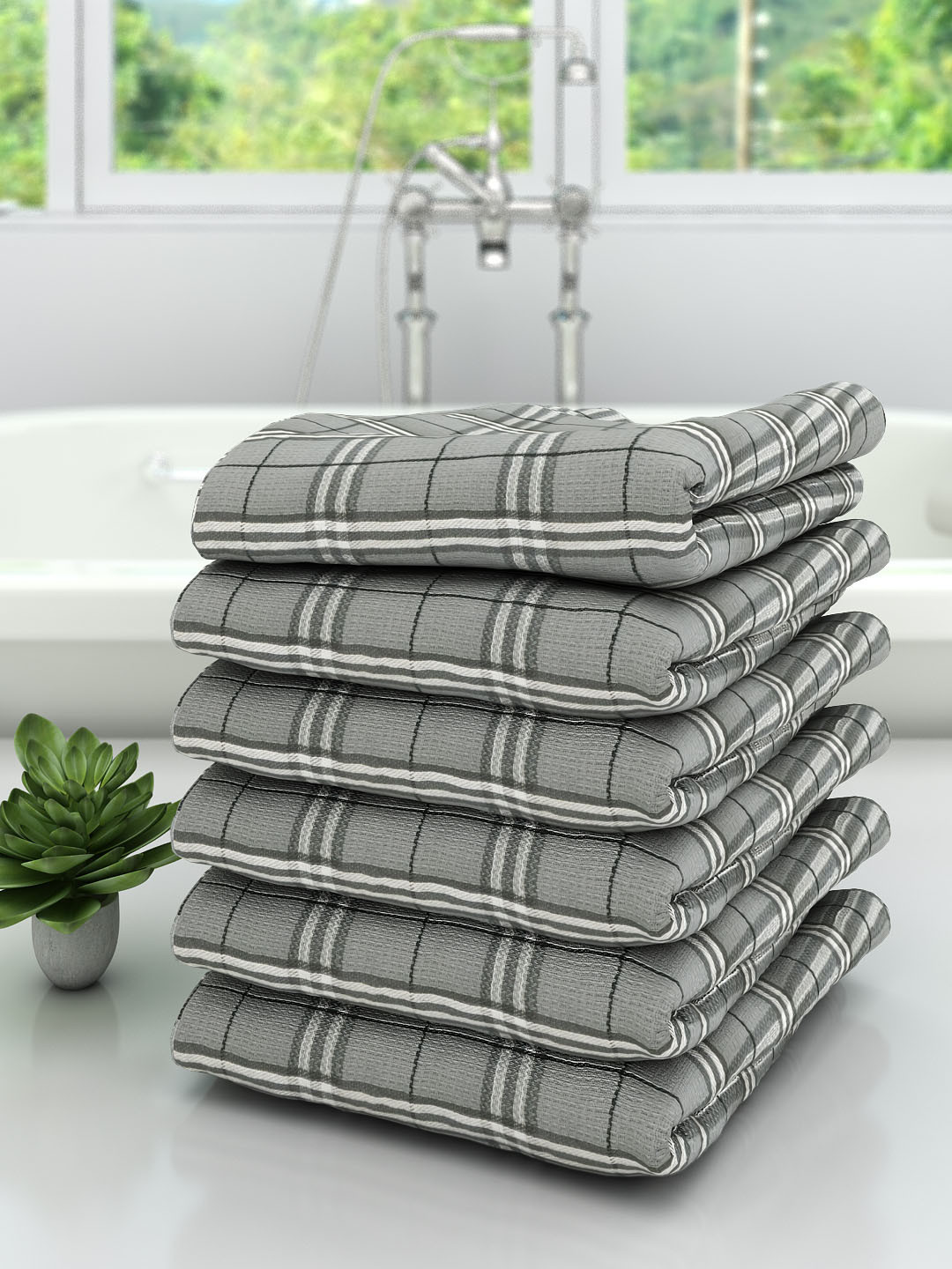 

Athom Trendz Unisex Pack Of 6 Grey Checked Premium 210 GSM Bath Towels
