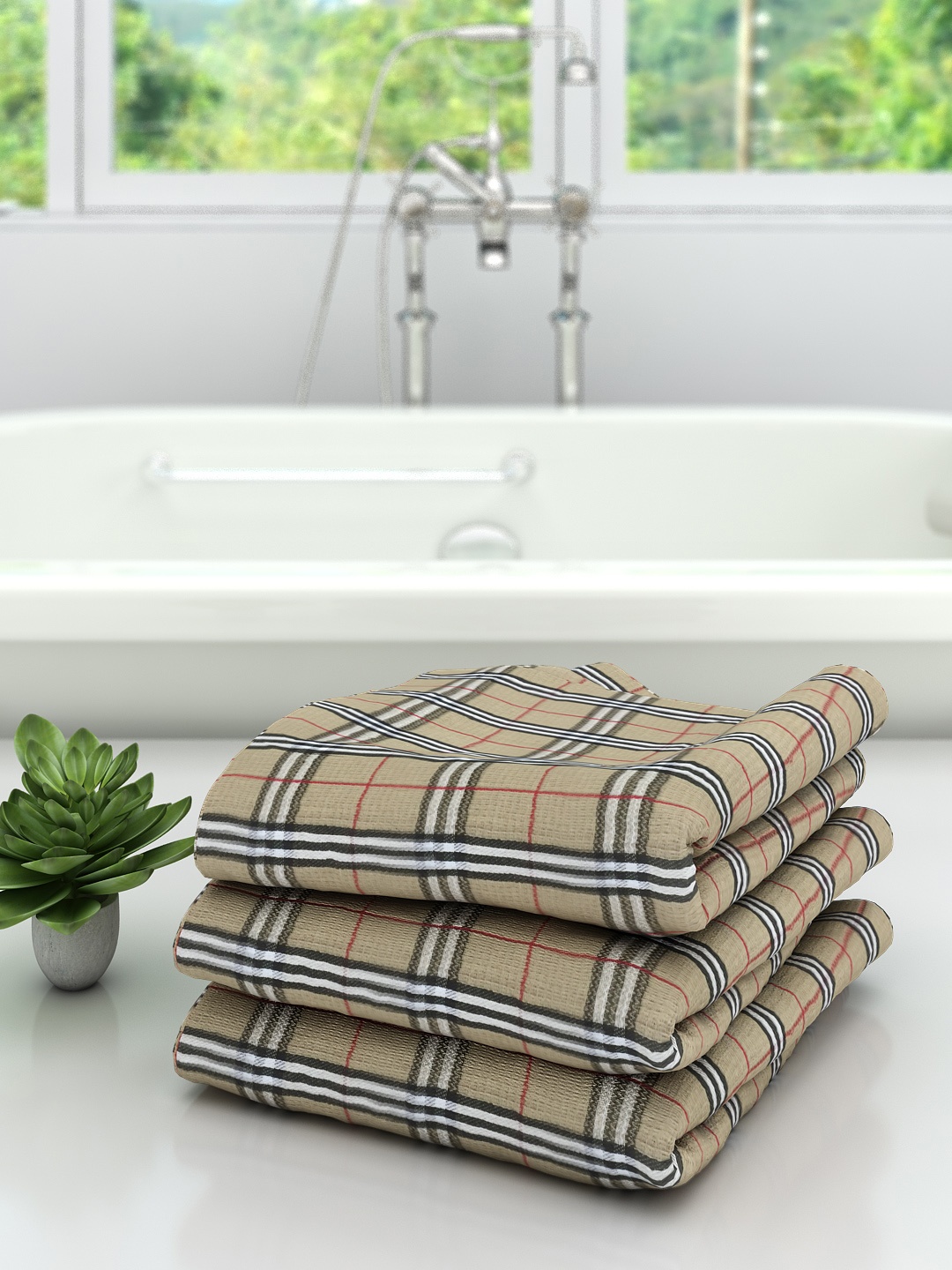 

Athom Trendz Unisex Set Of 3 Beige & White Checked 210 GSM Premium Bath Towels