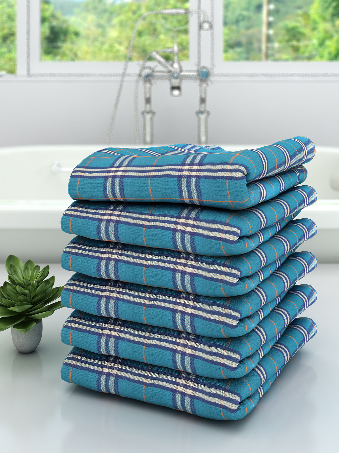 

Athom Trendz Unisex Set Of 6 Blue & White Checked 210 GSM Premium Bath Towels