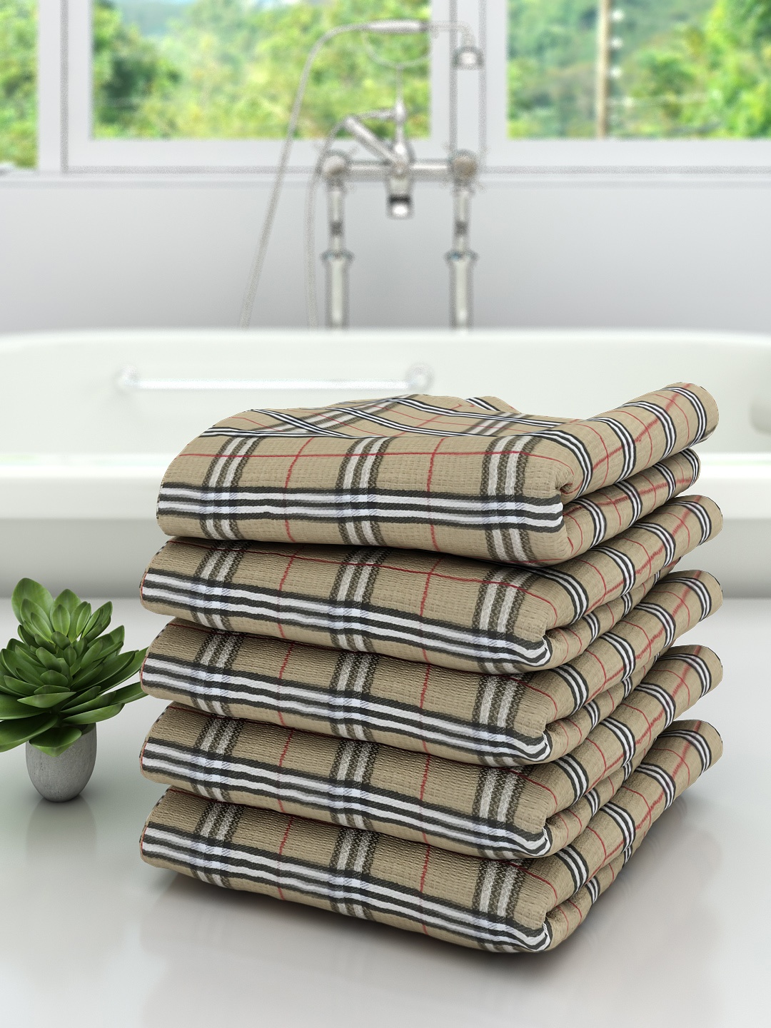 

Athom Trendz Unisex Set Of 5 Beige & White Checked 210 GSM Premium Bath Towels