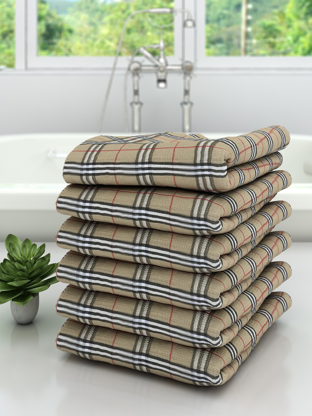 

Athom Trendz Unisex Set Of 6 Beige & White Checked 210 GSM Premium Bath Towels