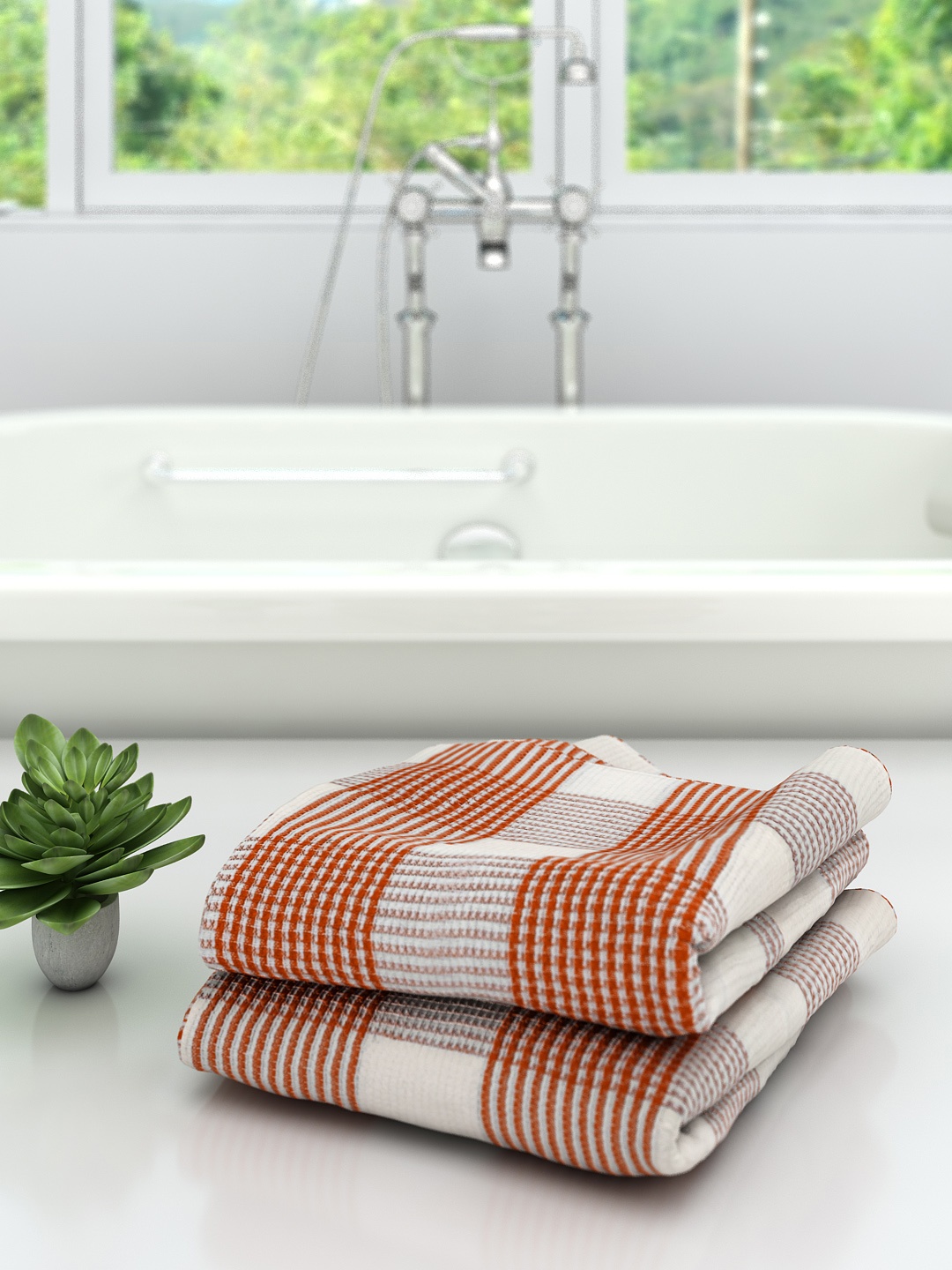 

Athom Trendz Unisex Set Of 2 White & Orange Checked 210 GSM Premium Bath Towels