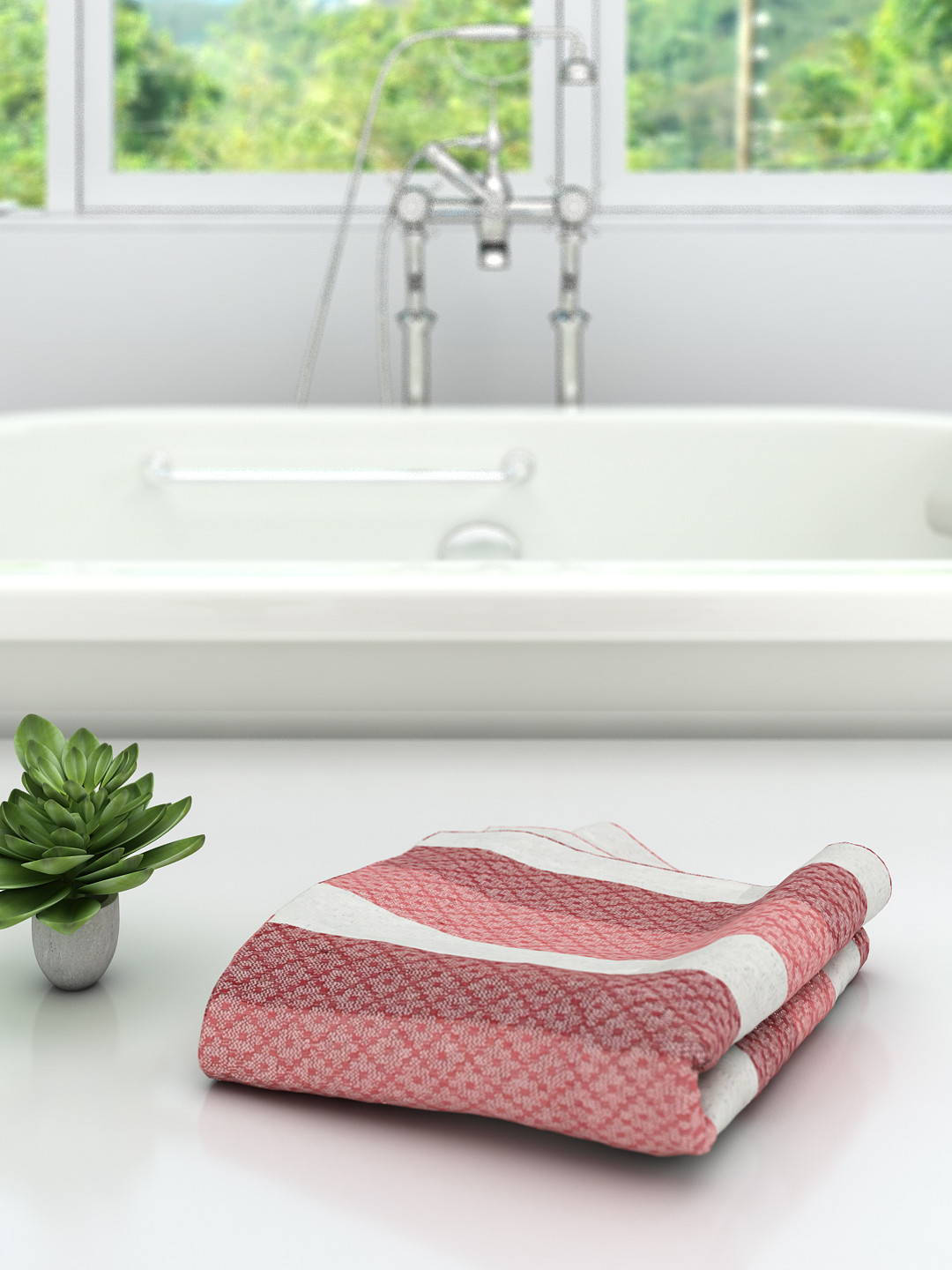 

Athom Trendz Unisex Pink & White Striped 210 GSM Premium Bath Towels