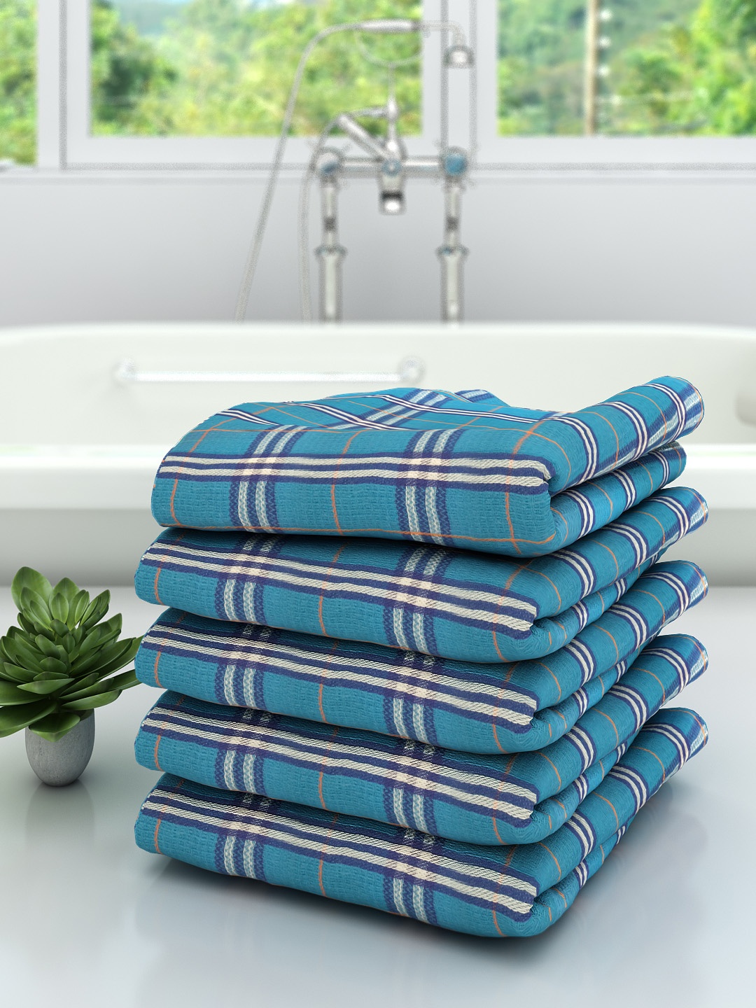 

Athom Trendz Unisex Pack of 5 Blue & White Checked 210 GSM Cotton Bath Towels