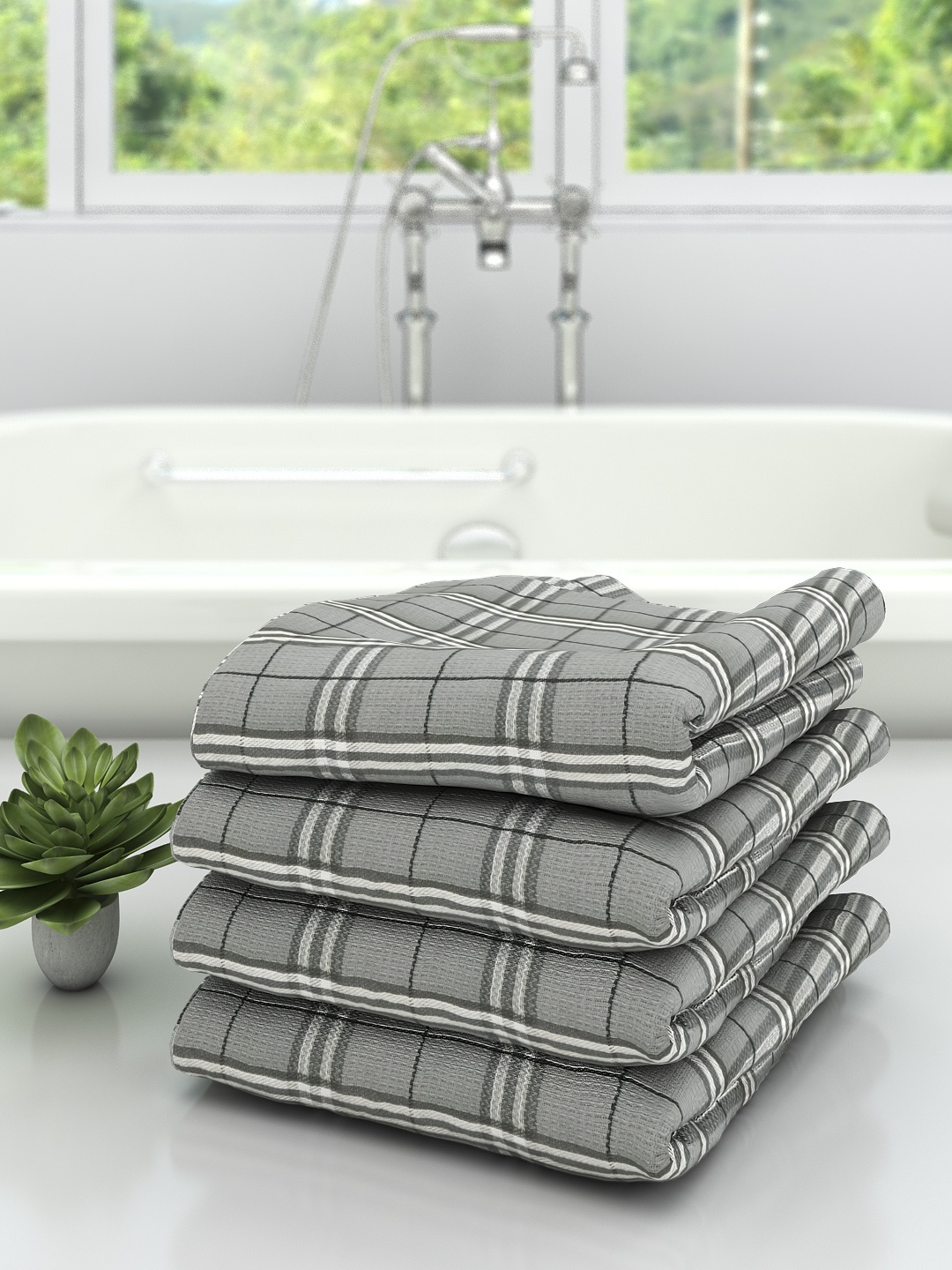 

Athom Trendz Unisex Set Of 4 Grey & White Checked 210 GSM Premium Bath Towels
