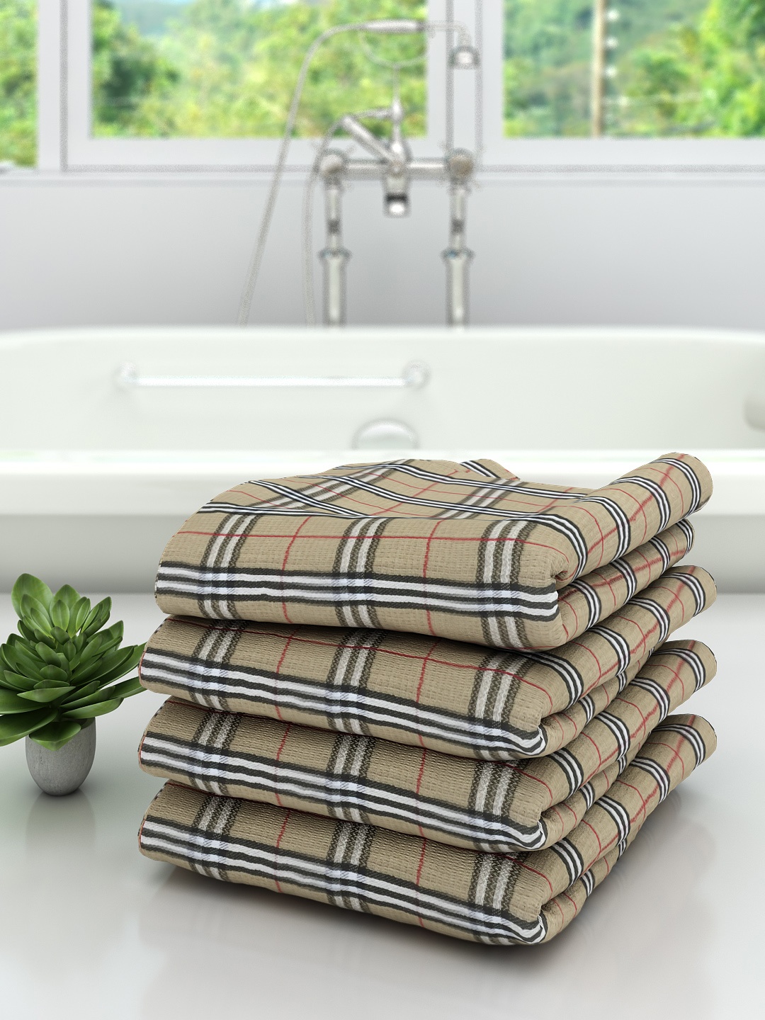 

Athom Trendz Pack of 4 Khaki & Black Checked 210 GSM Premium Bath Towels