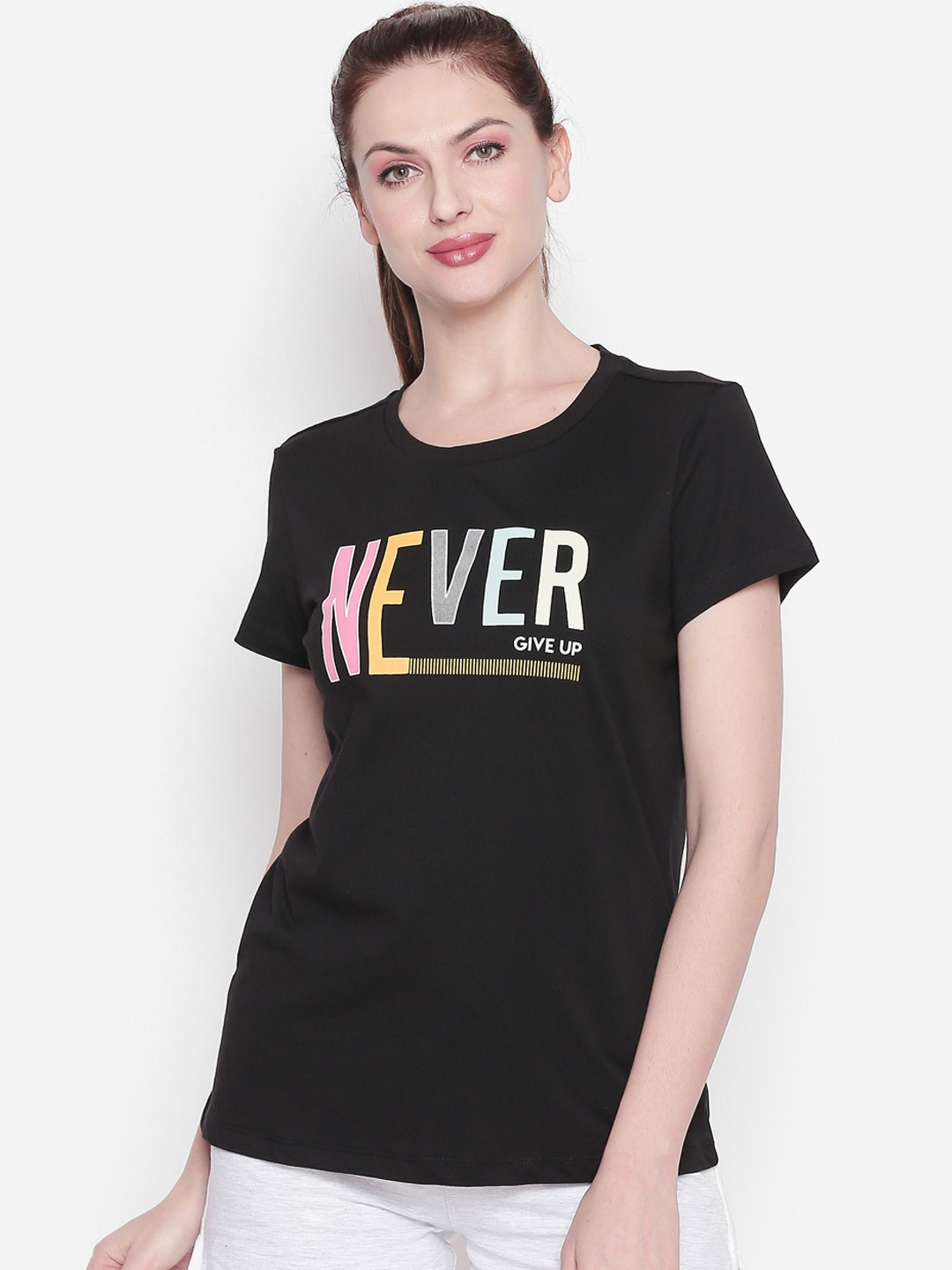 

Ajile by Pantaloons Women Black Printed Round Neck T-shirt