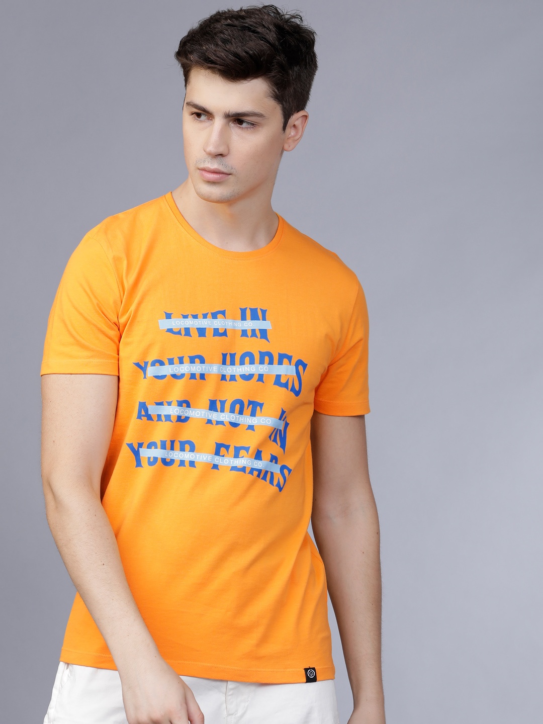 

LOCOMOTIVE Men Mustard Yellow Slim Fit Printed Round Neck Pure Cotton T-shirt