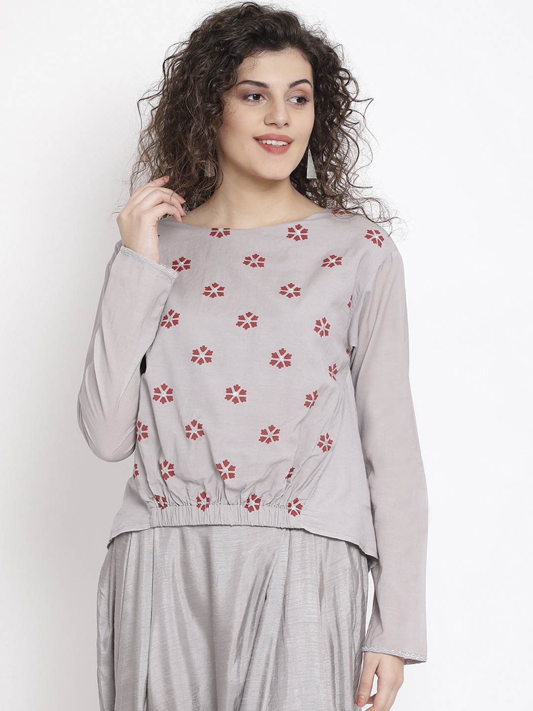 

ROOTED Women Grey Printed Blouson Top