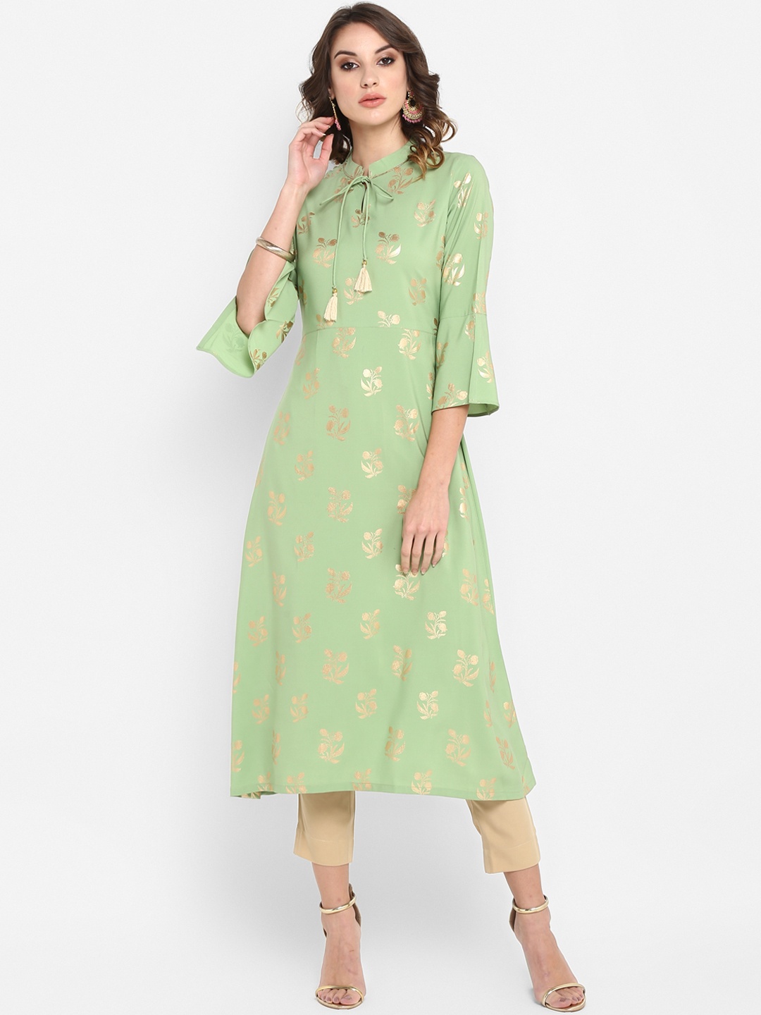 

Janasya Women Green & Gold-Toned Printed A-Line Kurta
