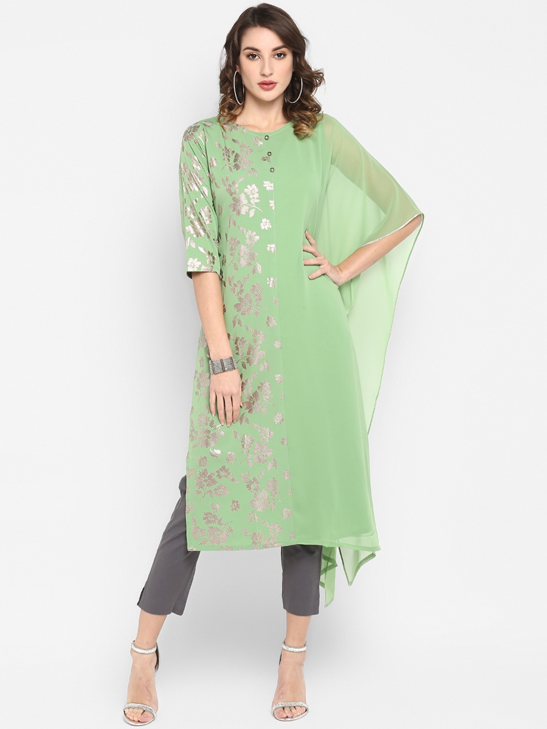 

Janasya Women Green & Gold-Toned Floral Printed Straight Kurta