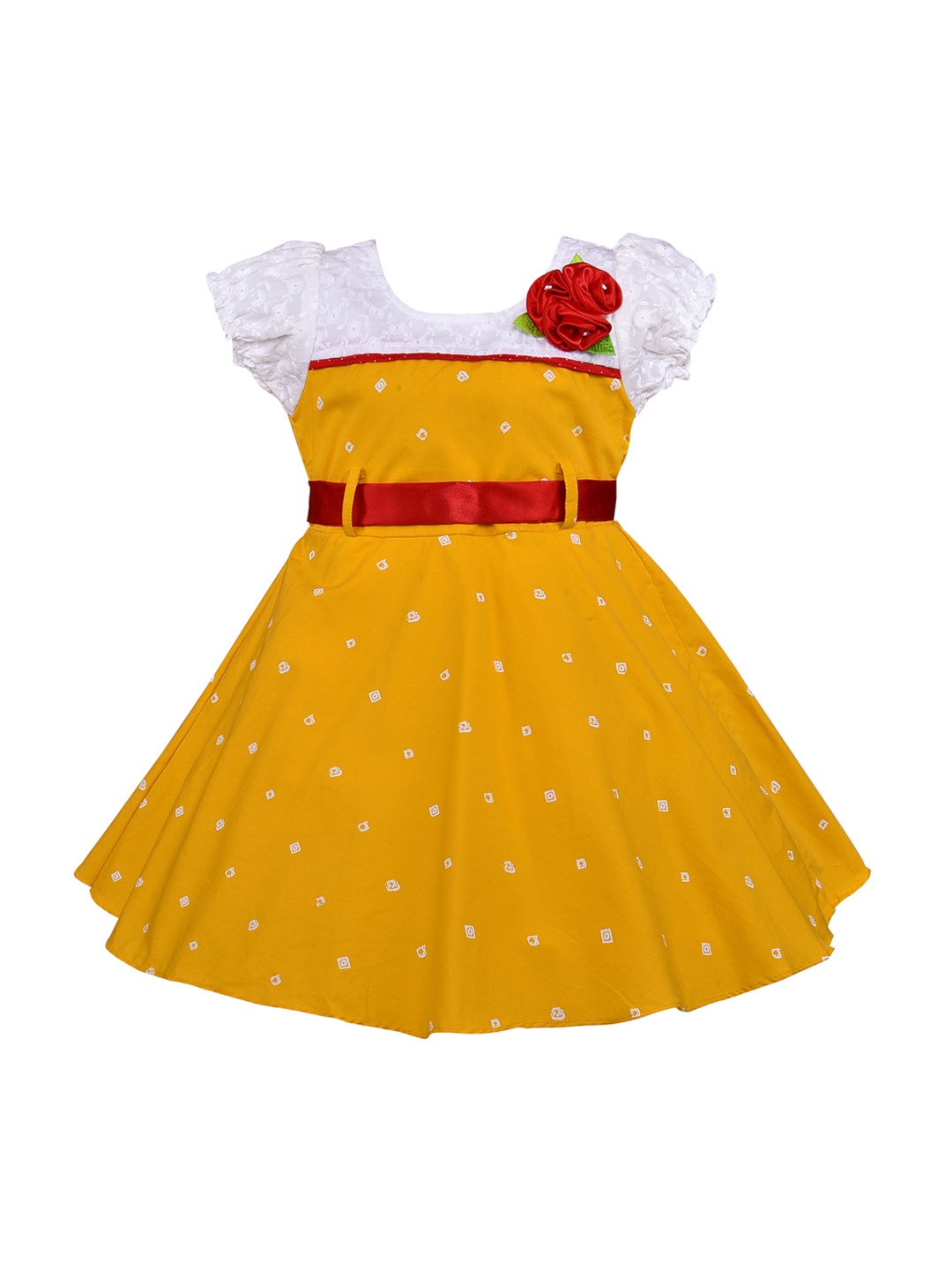 

Wish Karo Girls Yellow and White Printed Fit and Flare Dress