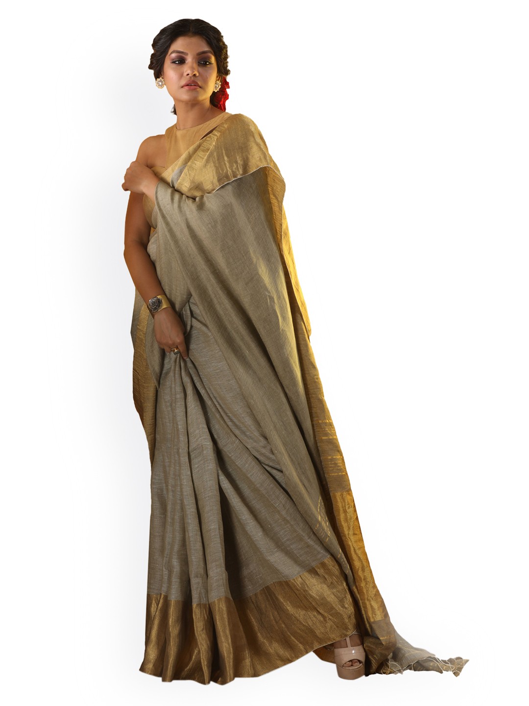 

Aryavart Grey & Gold-Coloured Pure Linen Woven Design Linen Saree
