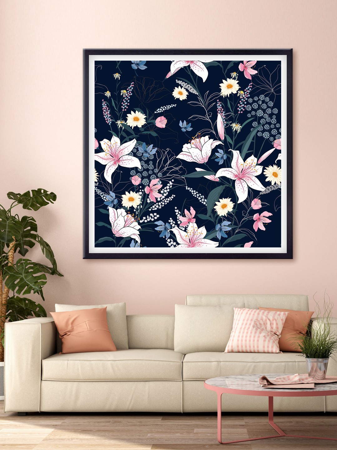

999Store Navy Blue & Off-White Flower And Leaves Printed Canvas Wall Art