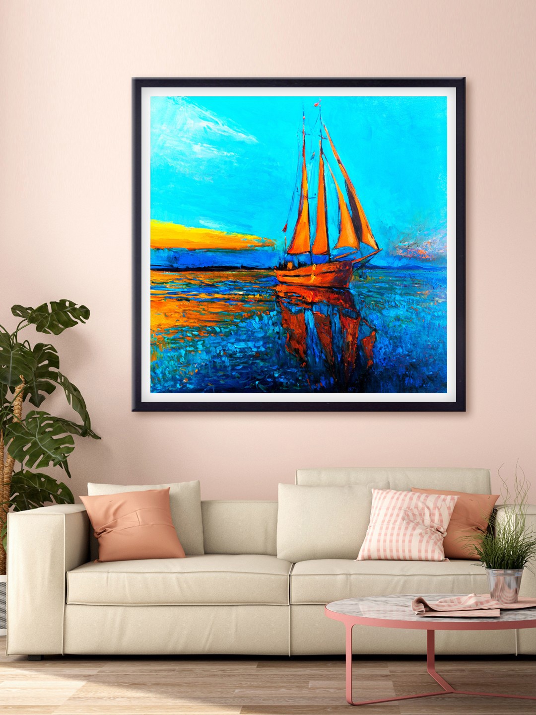 

999Store Blue & Orange Sailboat In The Sea Printed Canvas Wall Art