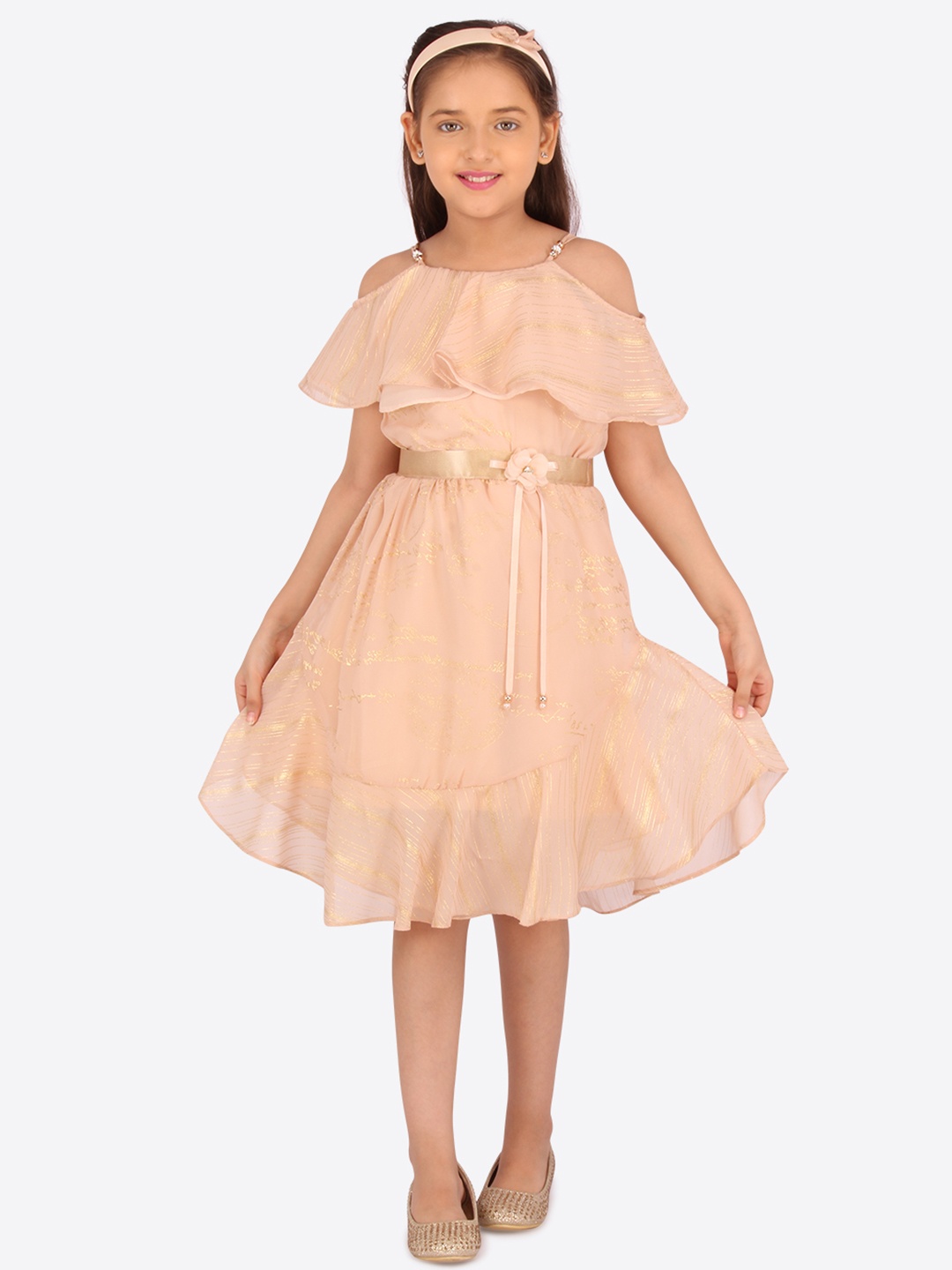 

CUTECUMBER Girls Peach-Coloured Printed Fit and Flare Dress