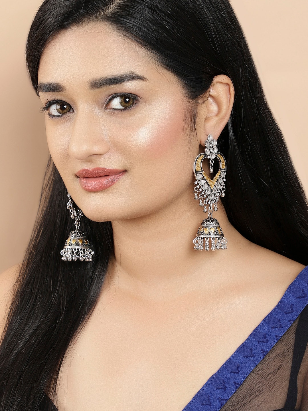 

Rubans Silver-Plated & Gold-Toned Handcrafted Oxidised Contemporary Drop Earrings