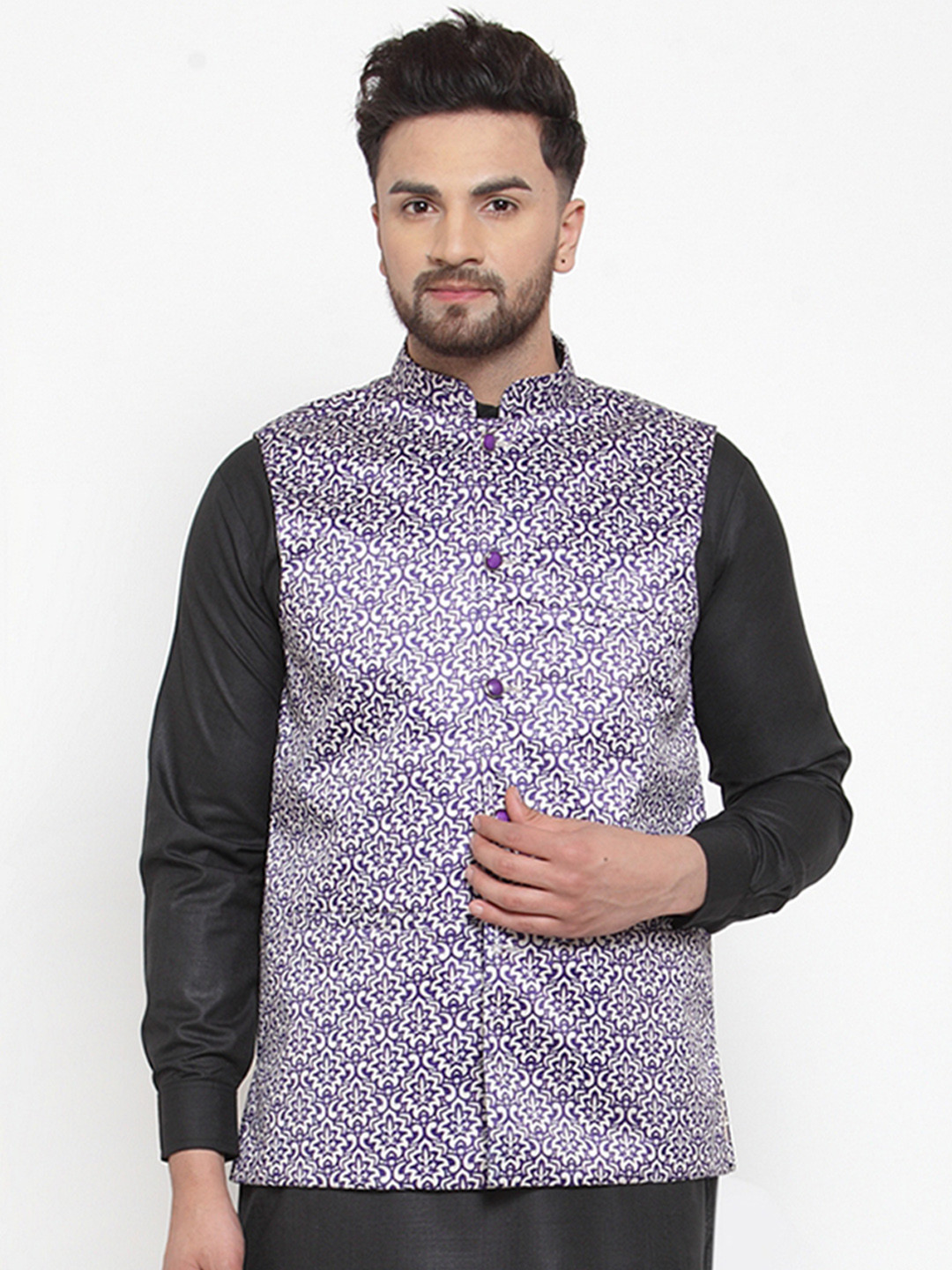

Jompers Men Purple Printed Nehru Jacket