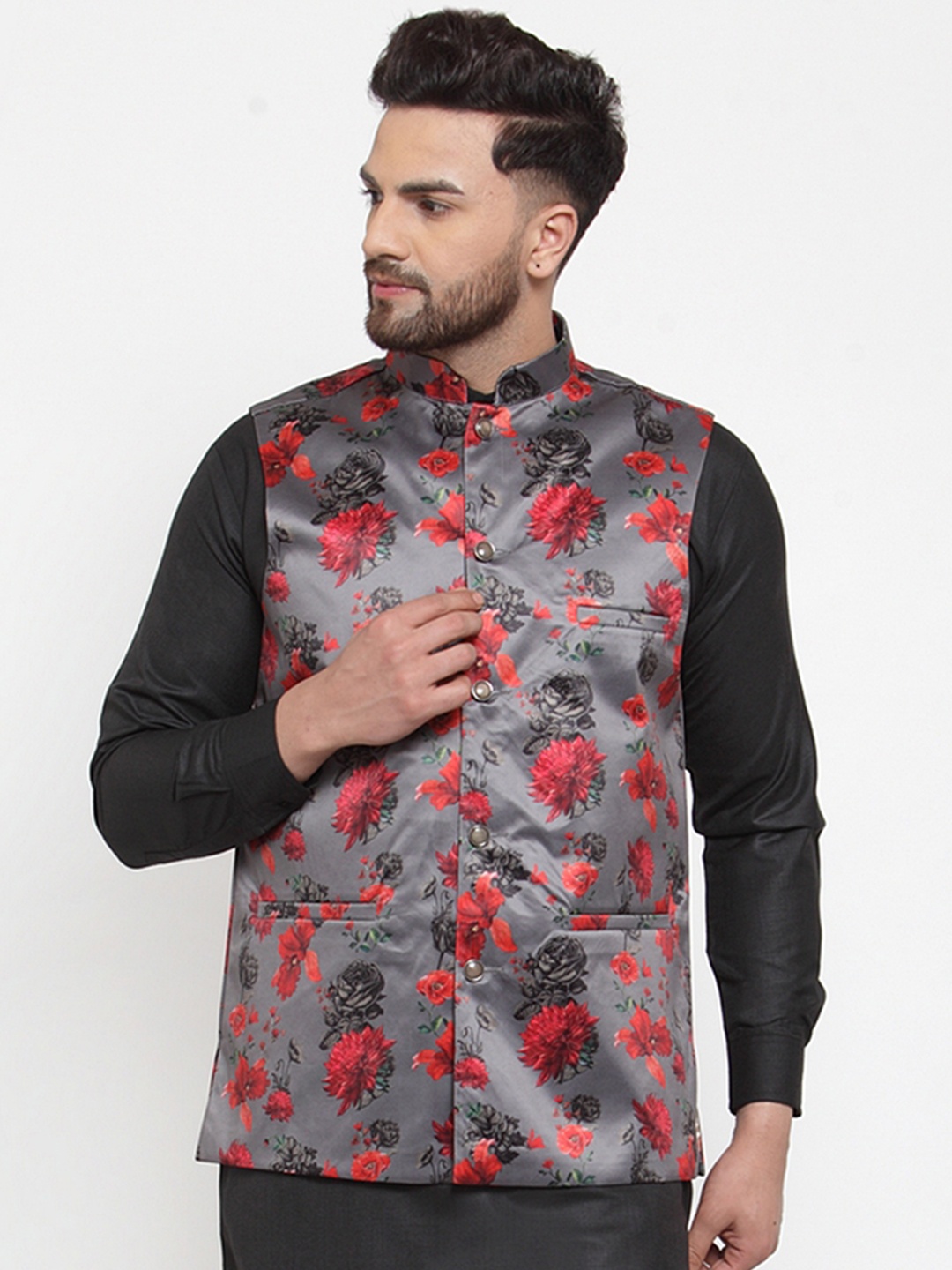 

Jompers Men Grey & Red Floral Printed Nehru Jacket