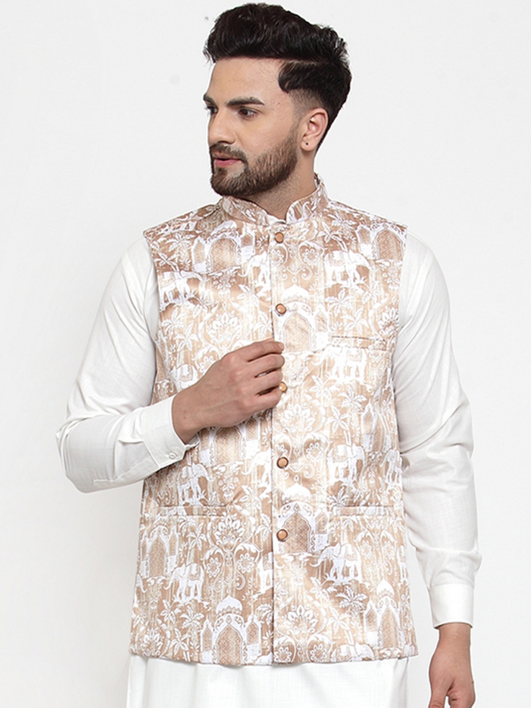

Jompers Men Beige & White Printed Woven Nehru Jacket