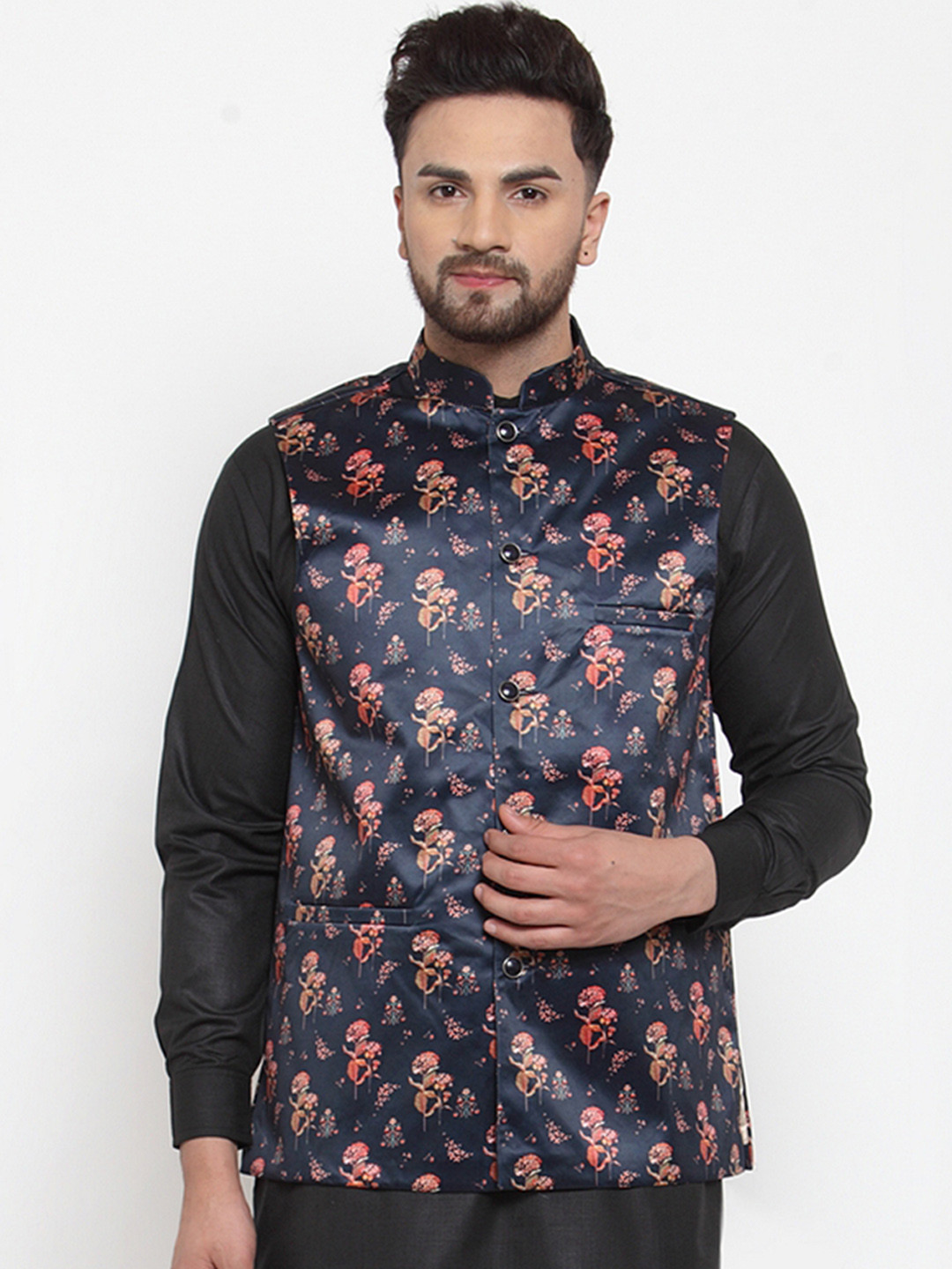 

Jompers Men Navy Blue Printed Nehru Jacket