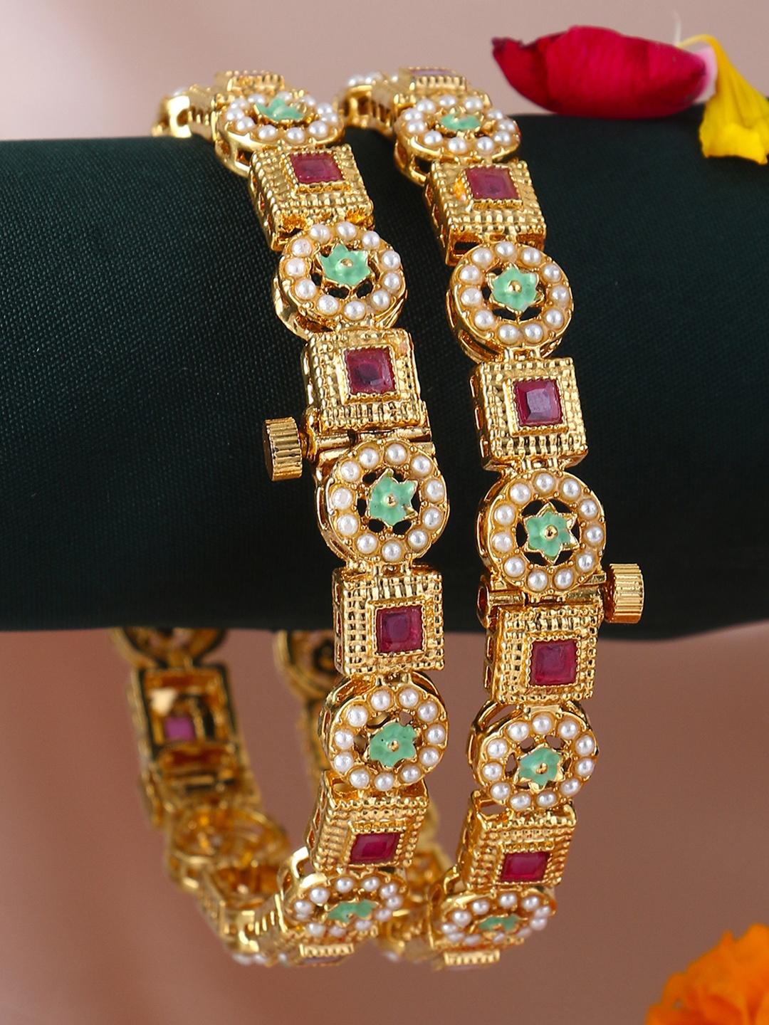 

Adwitiya Collection Set of 2 24K Gold-Plated Pink & Green Stone-Studded Handcrafted Bangles