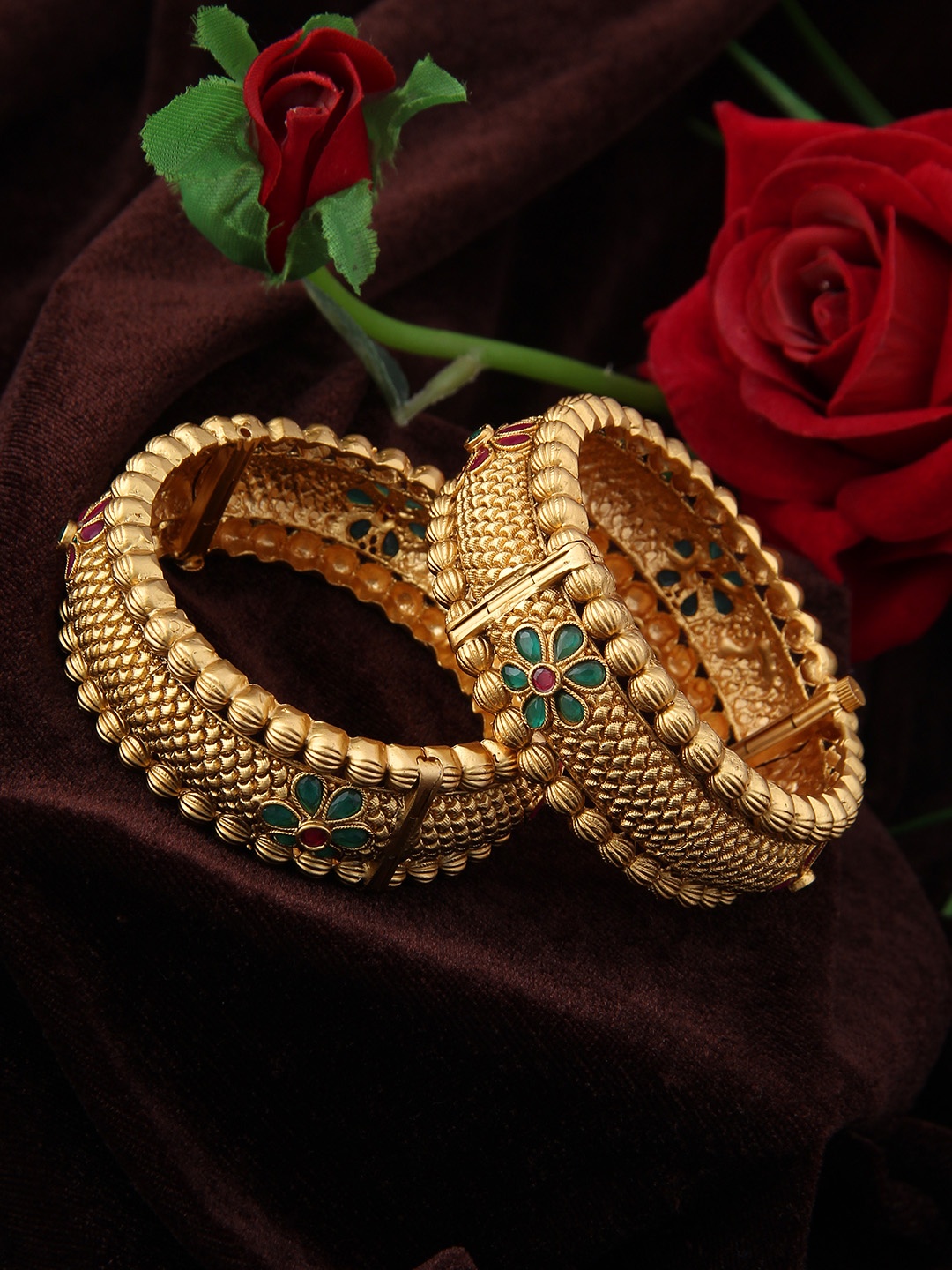 

Adwitiya Collection Set of 2 24K Gold-Plated Green & Pink Stone-Studded Handcrafted Bangles