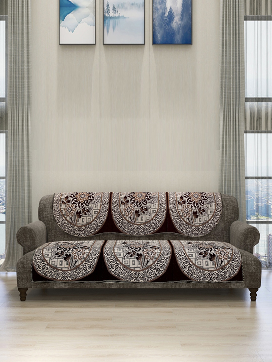 

ROMEE 6-Piece Beige & Brown Woven Design Sofa Set Covers