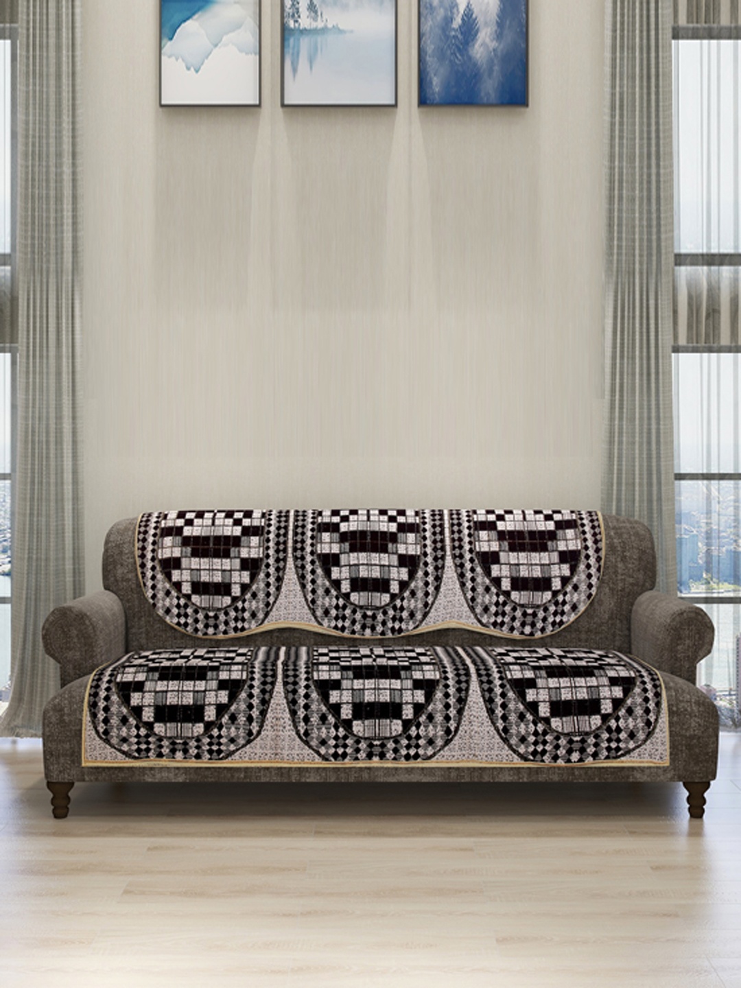 

ROMEE Set Of 6 Blue Self-Design Sofa Cover, Black