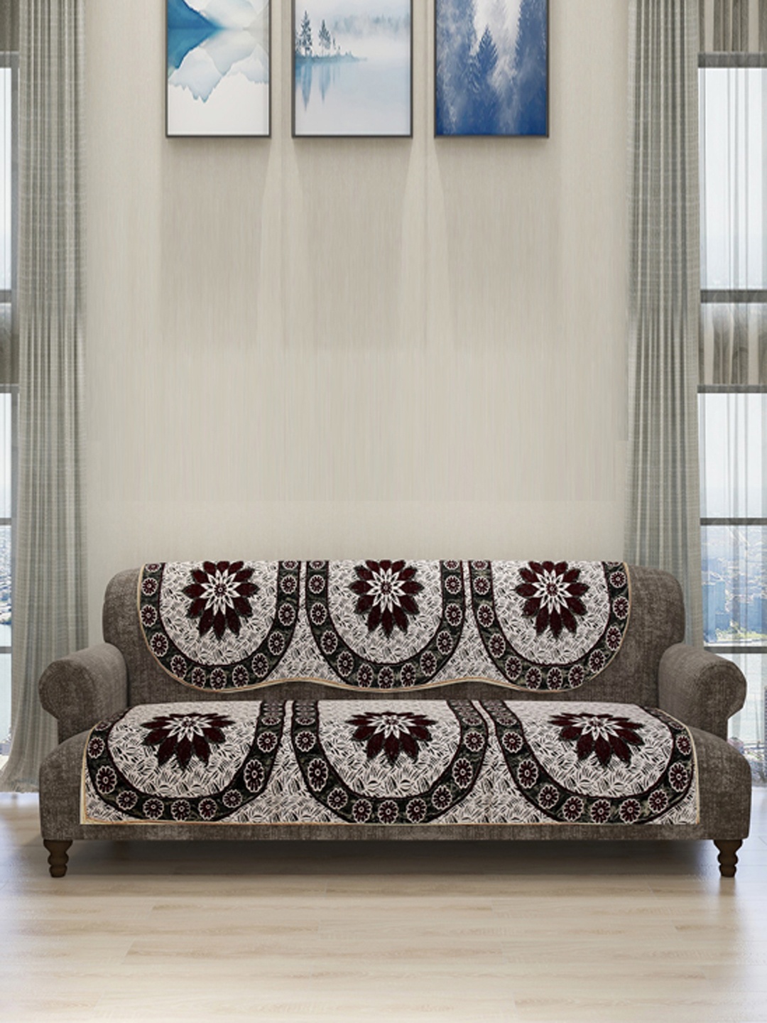 

ROMEE Beige & Maroon Floral Printed Sofa Covers