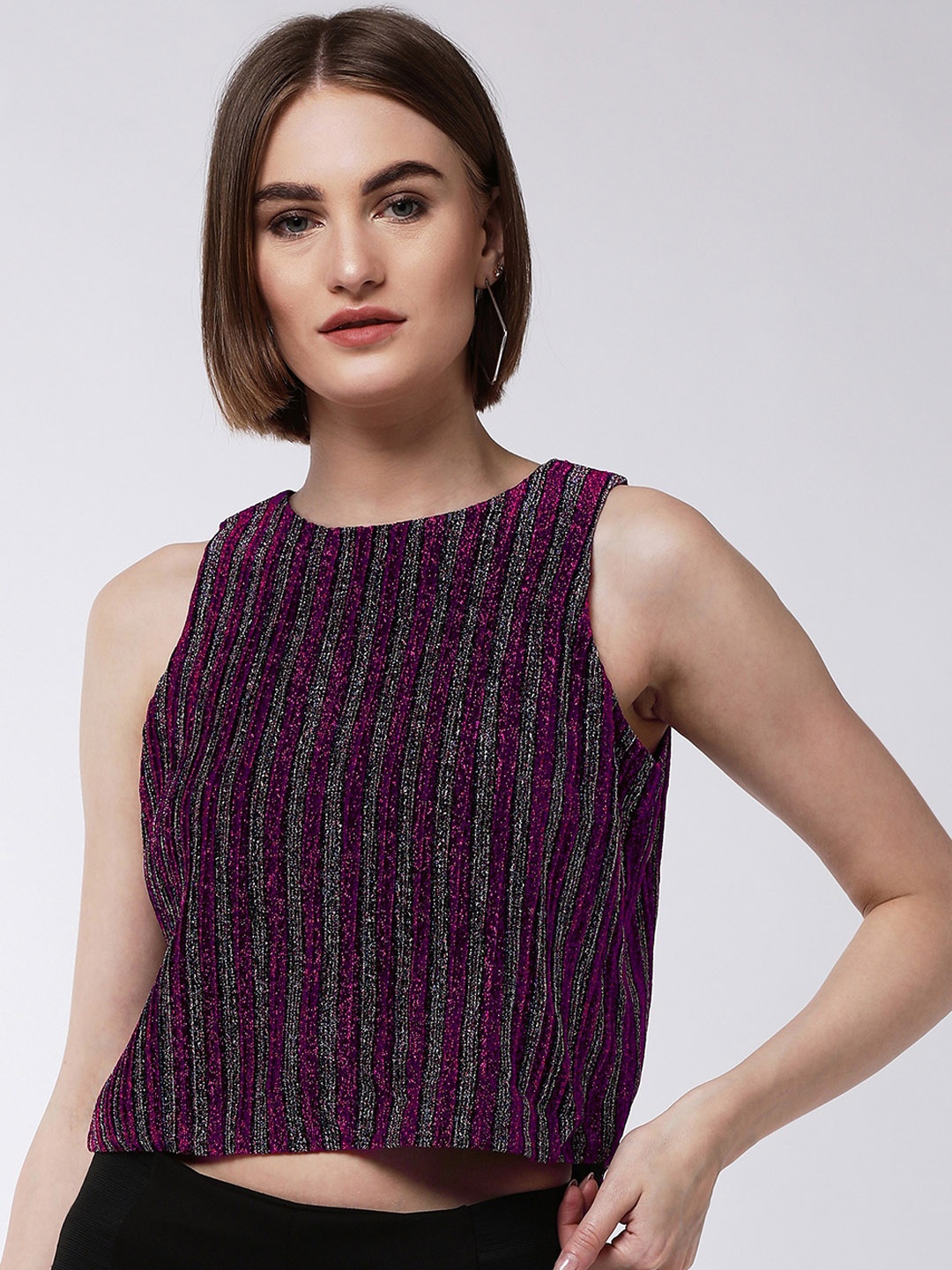 

MAGRE Women Pink & Black Striped Crop Top