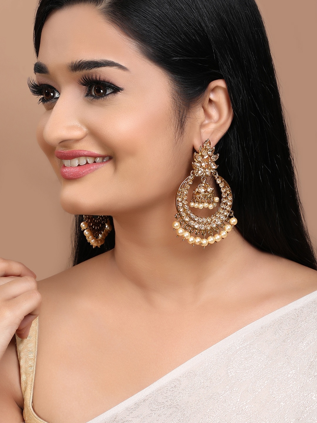 

Rubans Gold-Plated Crescent Shaped Kundan Studded Chandbalis