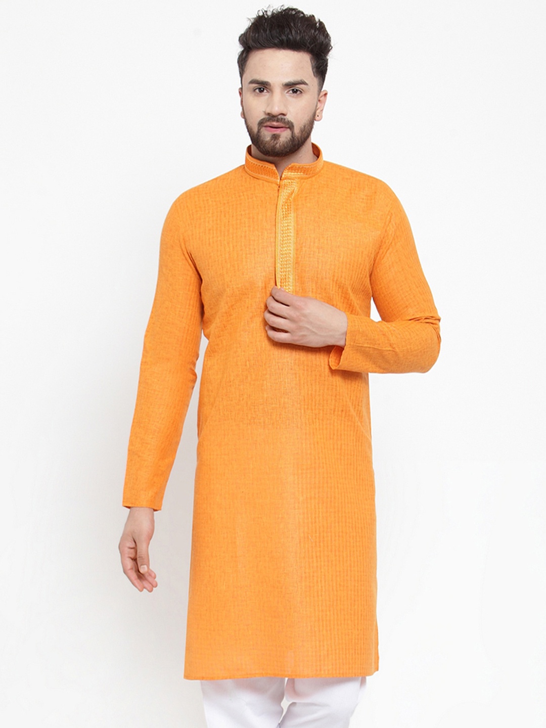 

Jompers Men Orange Checked Straight Kurta