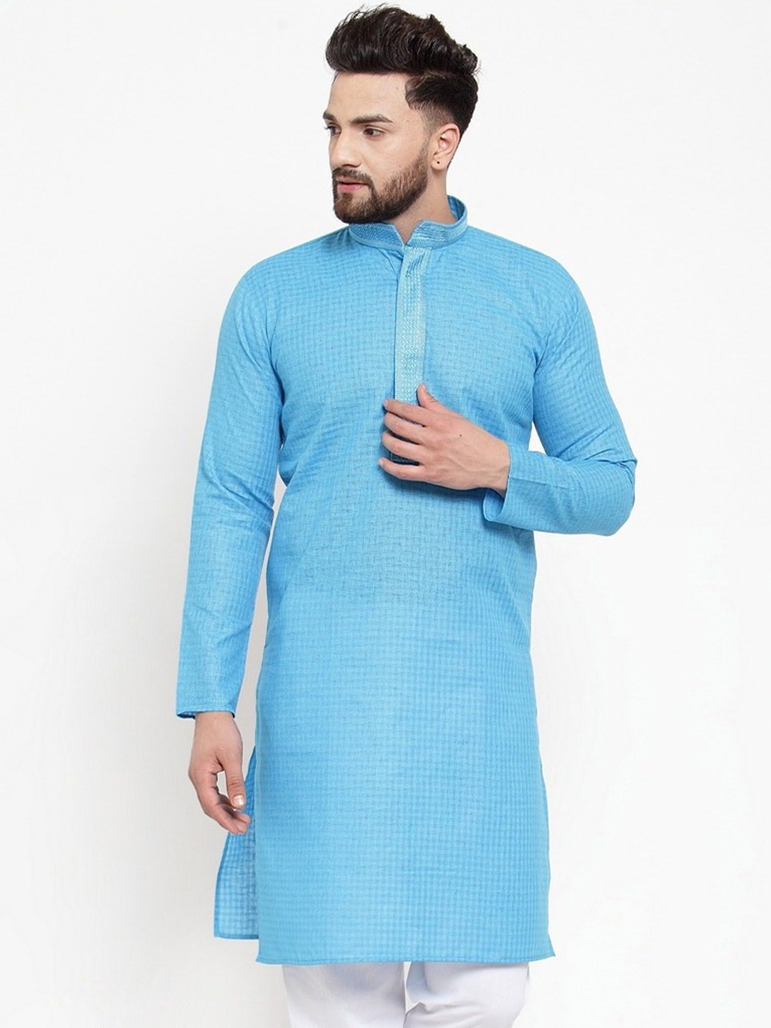 

Jompers Men Blue Checked Straight Embroidered Kurta