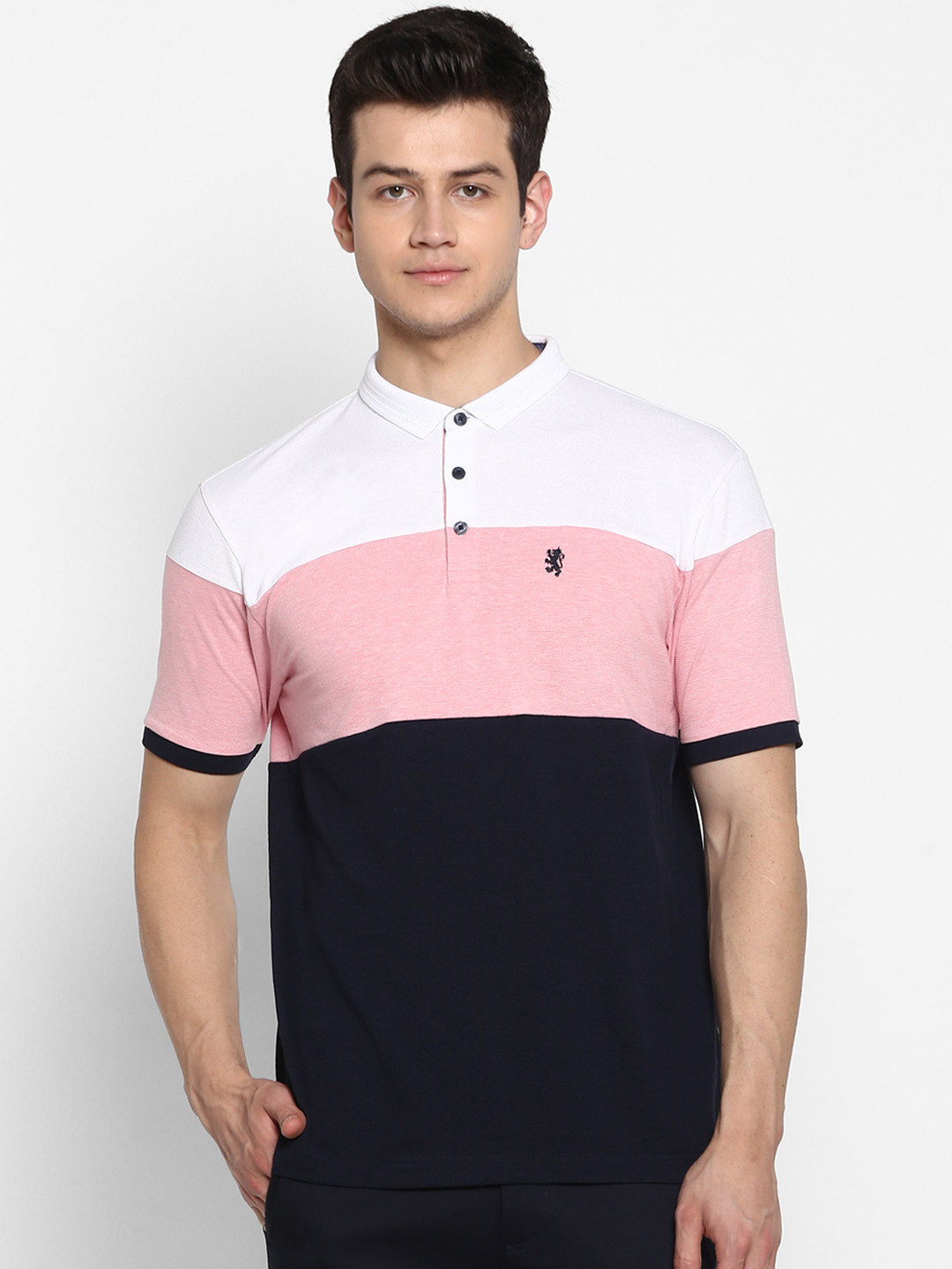 

Red Tape Men Navy Blue Pink Colourblocked Polo Collar Pure Cotton T-shirt