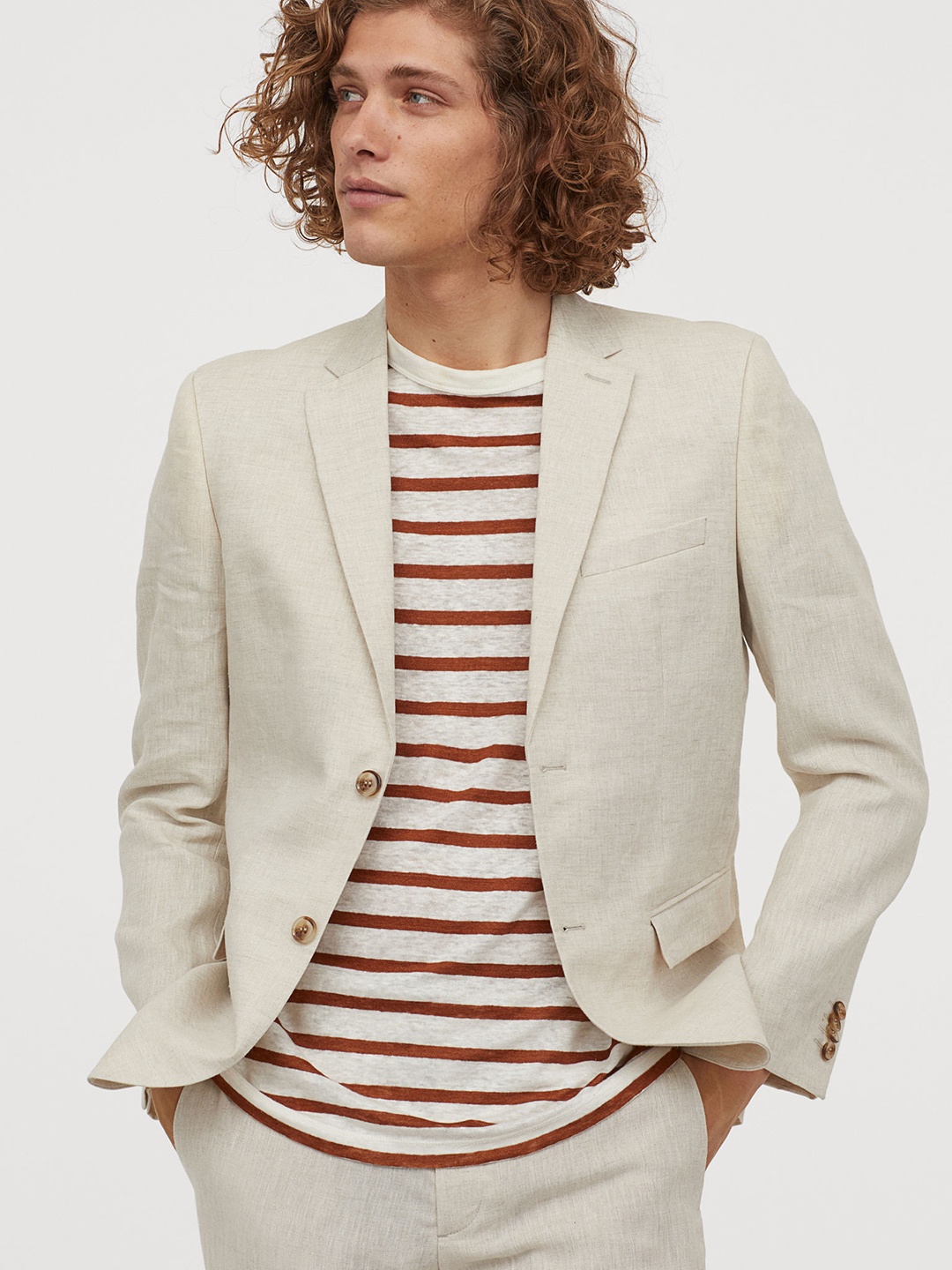 

H&M Men Off-White Solid Slim Fit Linen Jacket