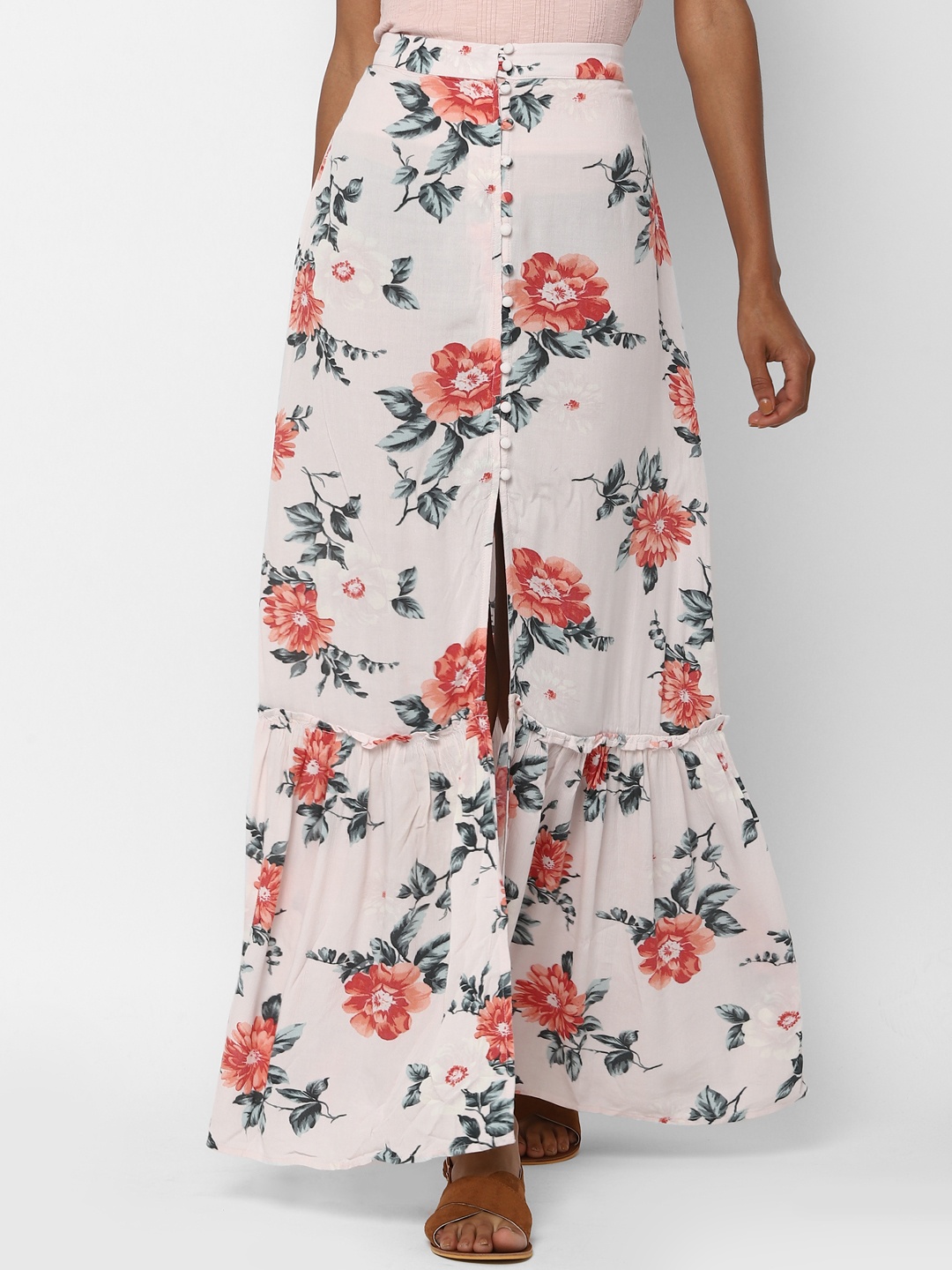 

AMERICAN EAGLE OUTFITTERS Women Pink & Peach-Coloured Floral Printed A-Line Maxi Skirt