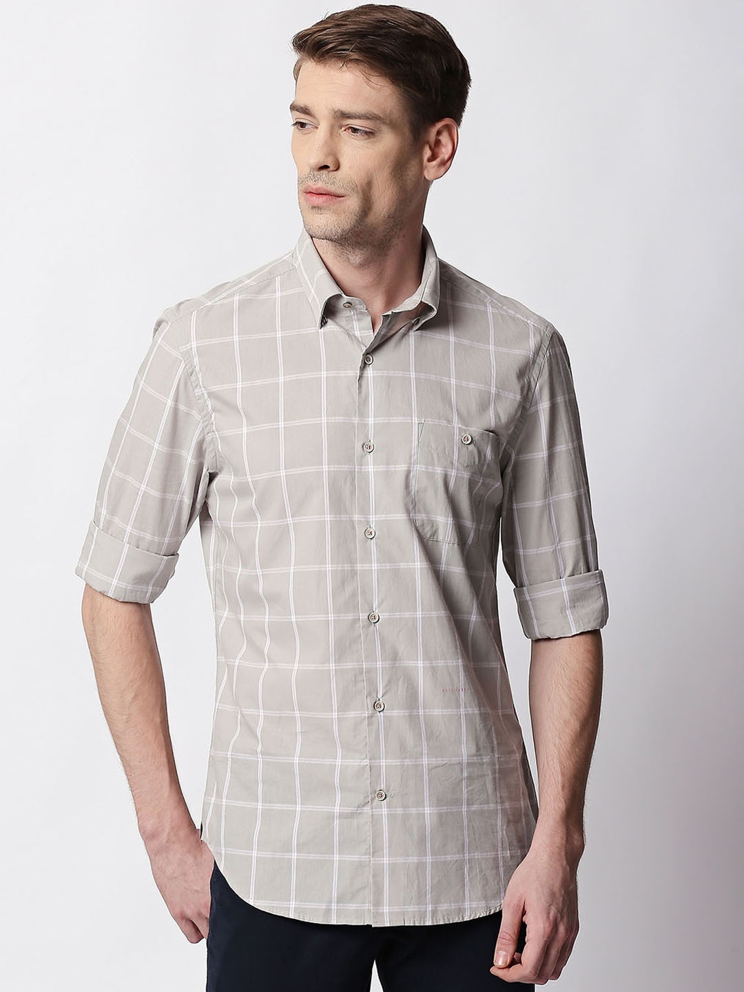 

RARE RABBIT Men Taupe Tailored Fit Checked Casual Shirt