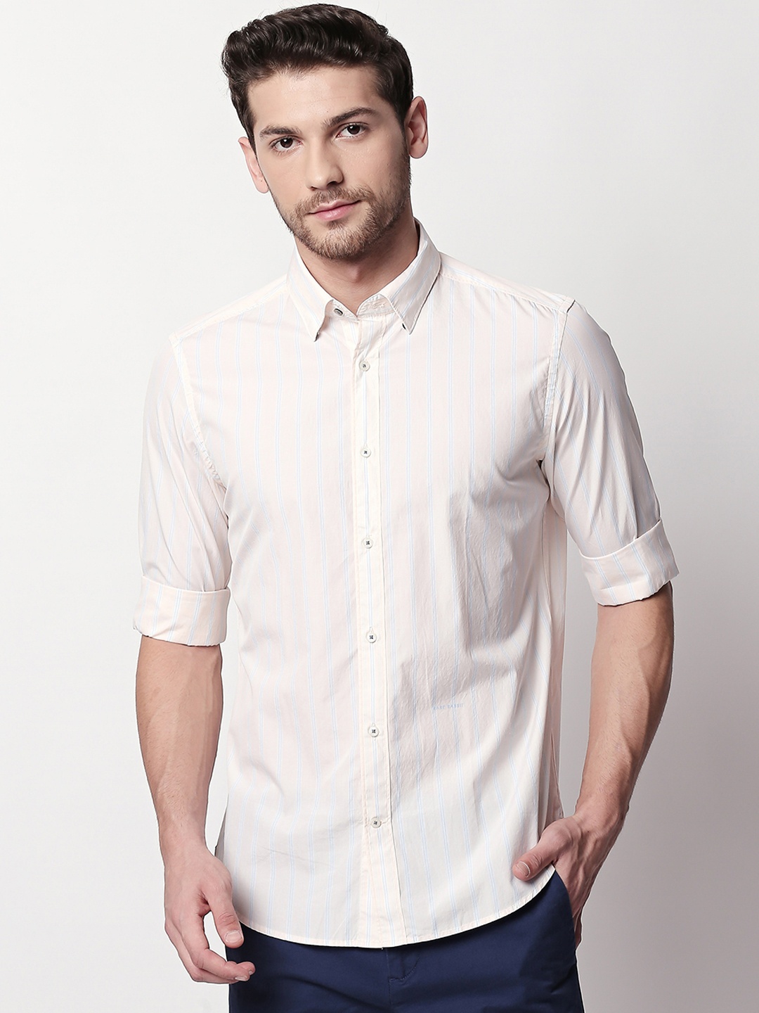 

RARE RABBIT Men Beige Tailored Fit Striped Casual Shirt
