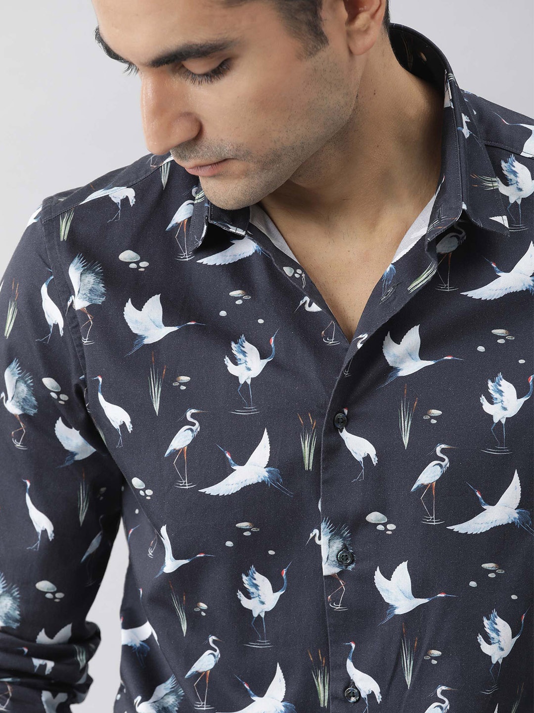 

RARE RABBIT Men Crane Regular Fit Tropical Print Shirt, Navy blue