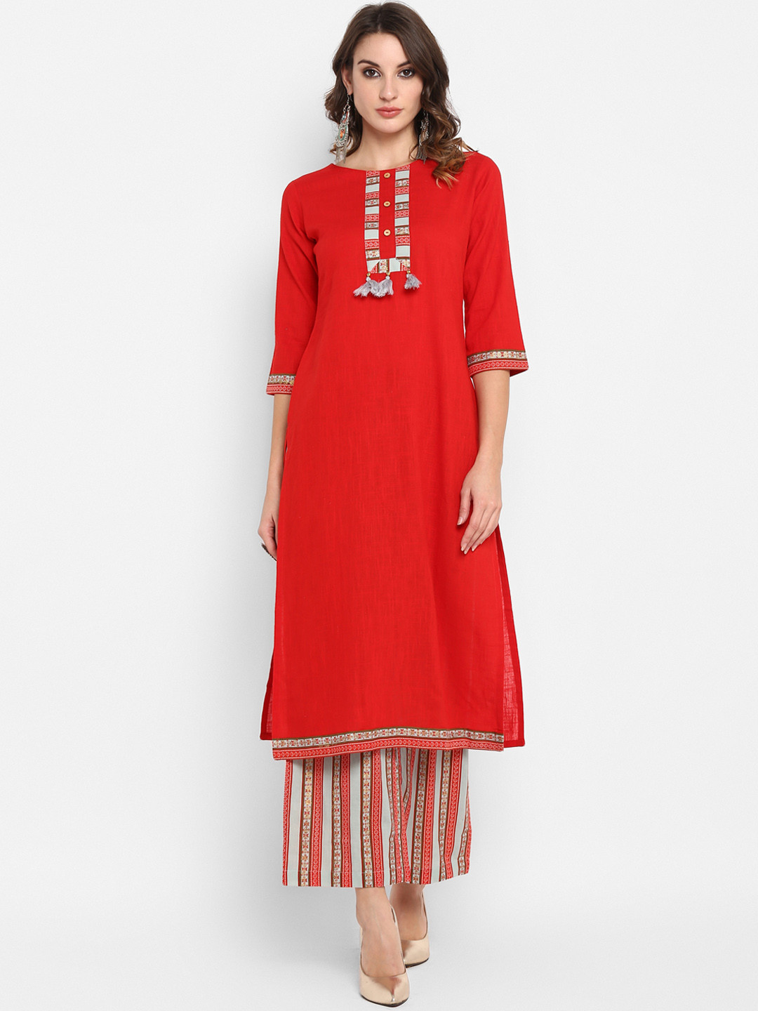 

Janasya Women Solid Red Kurta With Palazzo