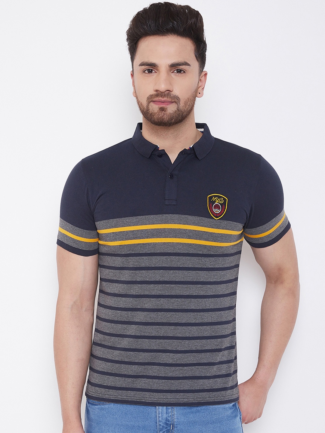 

Austin wood Men Grey & Navy Blue Striped Polo Collar T-shirt