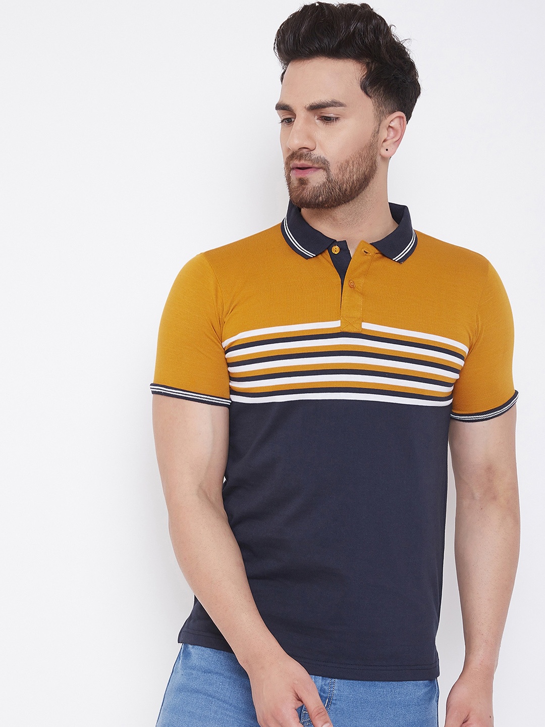 

Austin wood Men Navy Blue & Mustard Yellow Colourblocked Polo Collar T-shirt