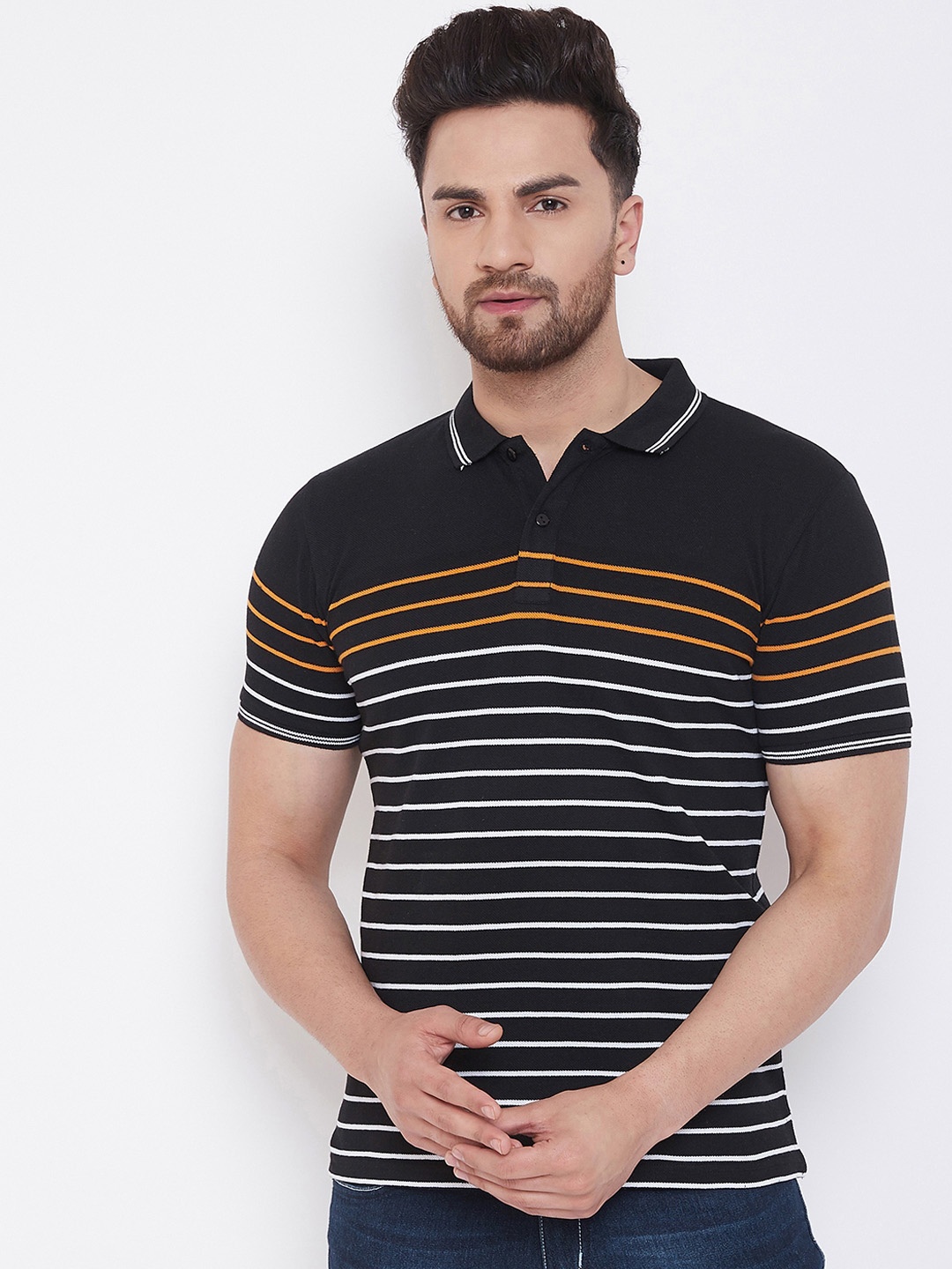 

Austin wood Men Black & White Striped Polo Collar T-shirt