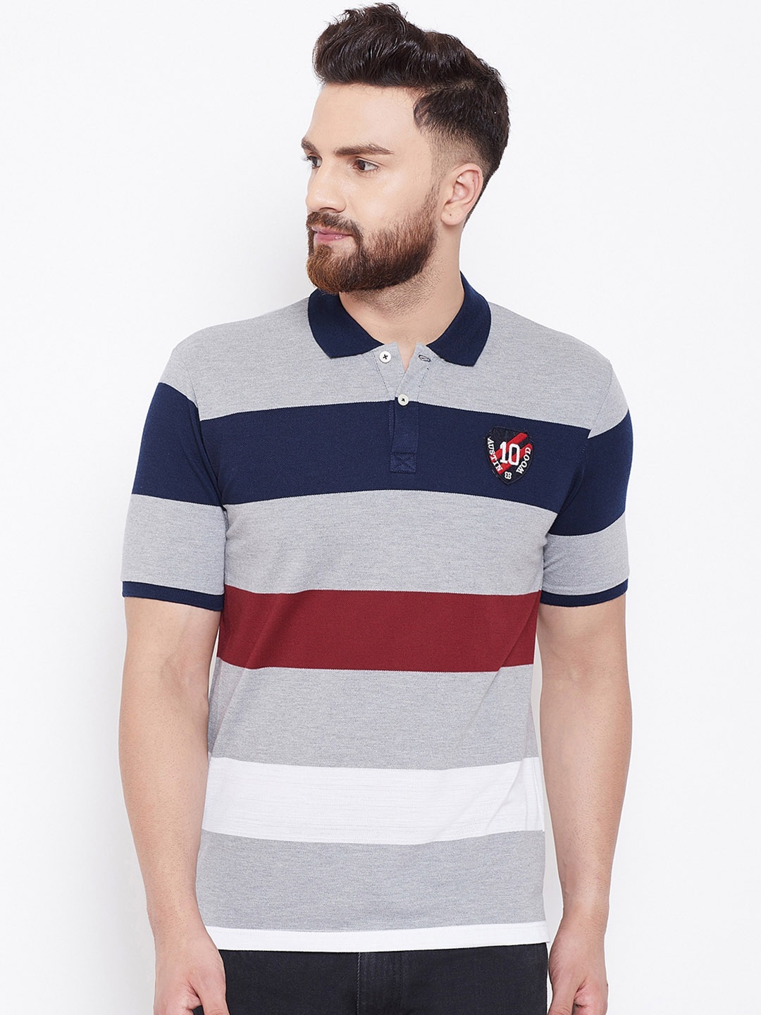 

Austin wood Men Grey & Navy Blue Striped Polo Collar T-shirt