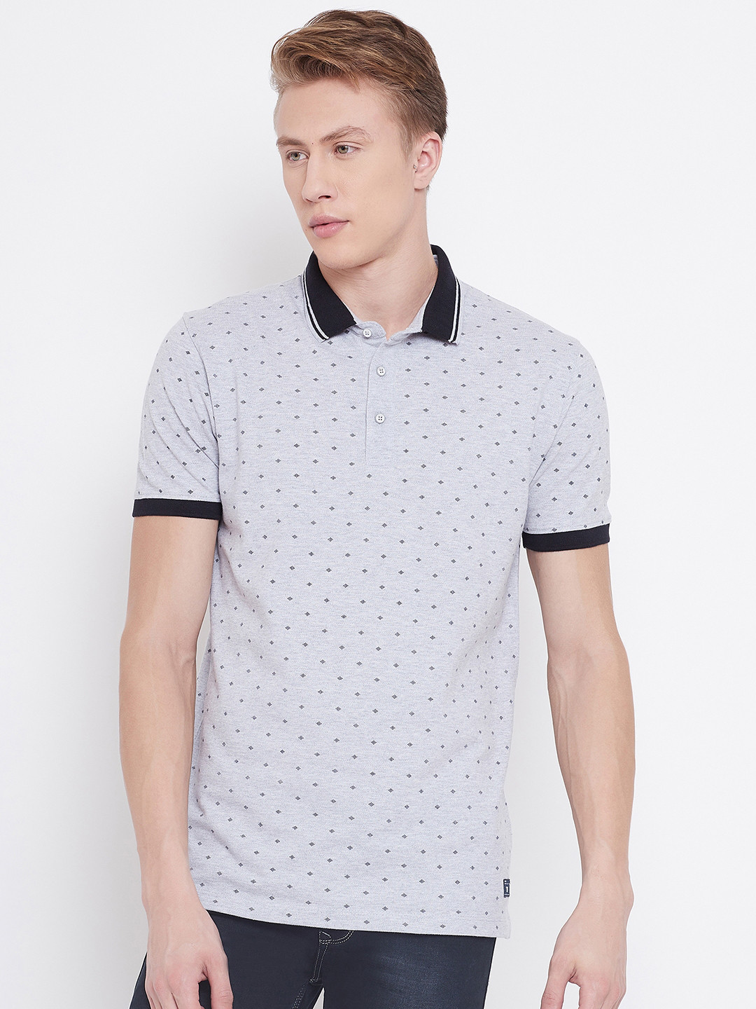 

Octave Men Grey Melange Printed Polo Collar T-shirt